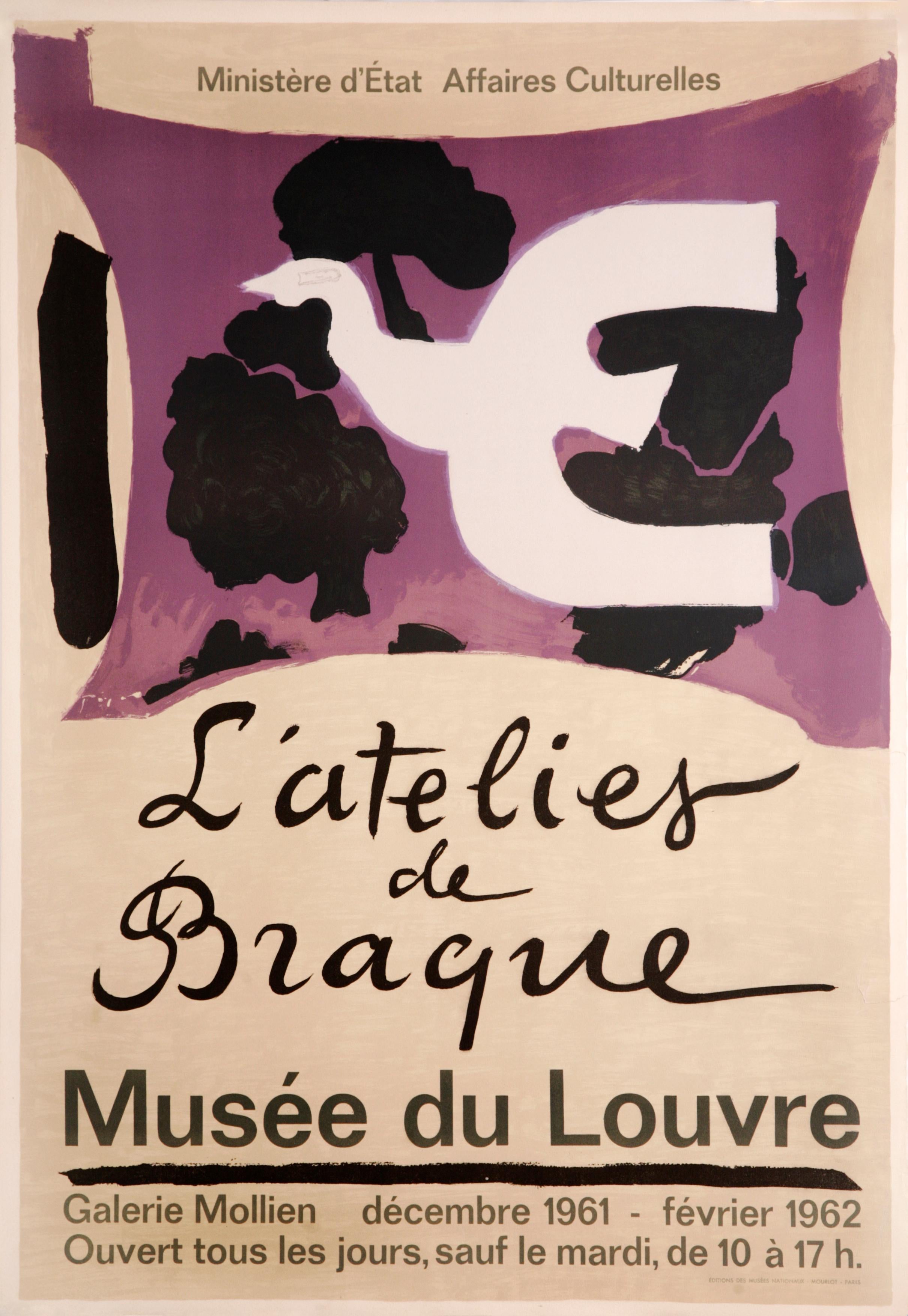 Cette affiche lithographique originale très rare a été conçue par Georges Braque et imprimée par l'Atelier Mourlot en 1961 pour une exposition au Musée du Louvre cette année-là. Cette image a été publiée par les Musées nationaux français. 

L'oiseau