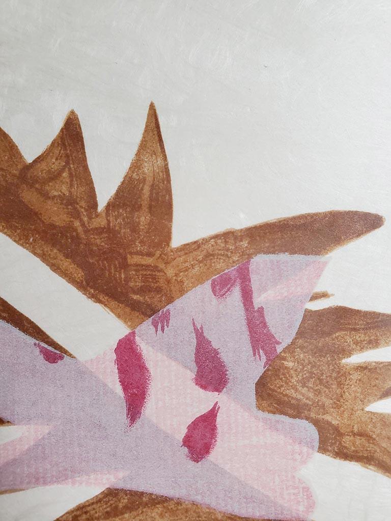 A leaf rests on the sheet in Georges Braque Le Feuille Morte from Lettera Amorosa, 1963 as a testament to the beauty found in the cycle of nature. As gorgeous pink and brown tones wilt away, the leaf returns to the earth only to provide nutrients