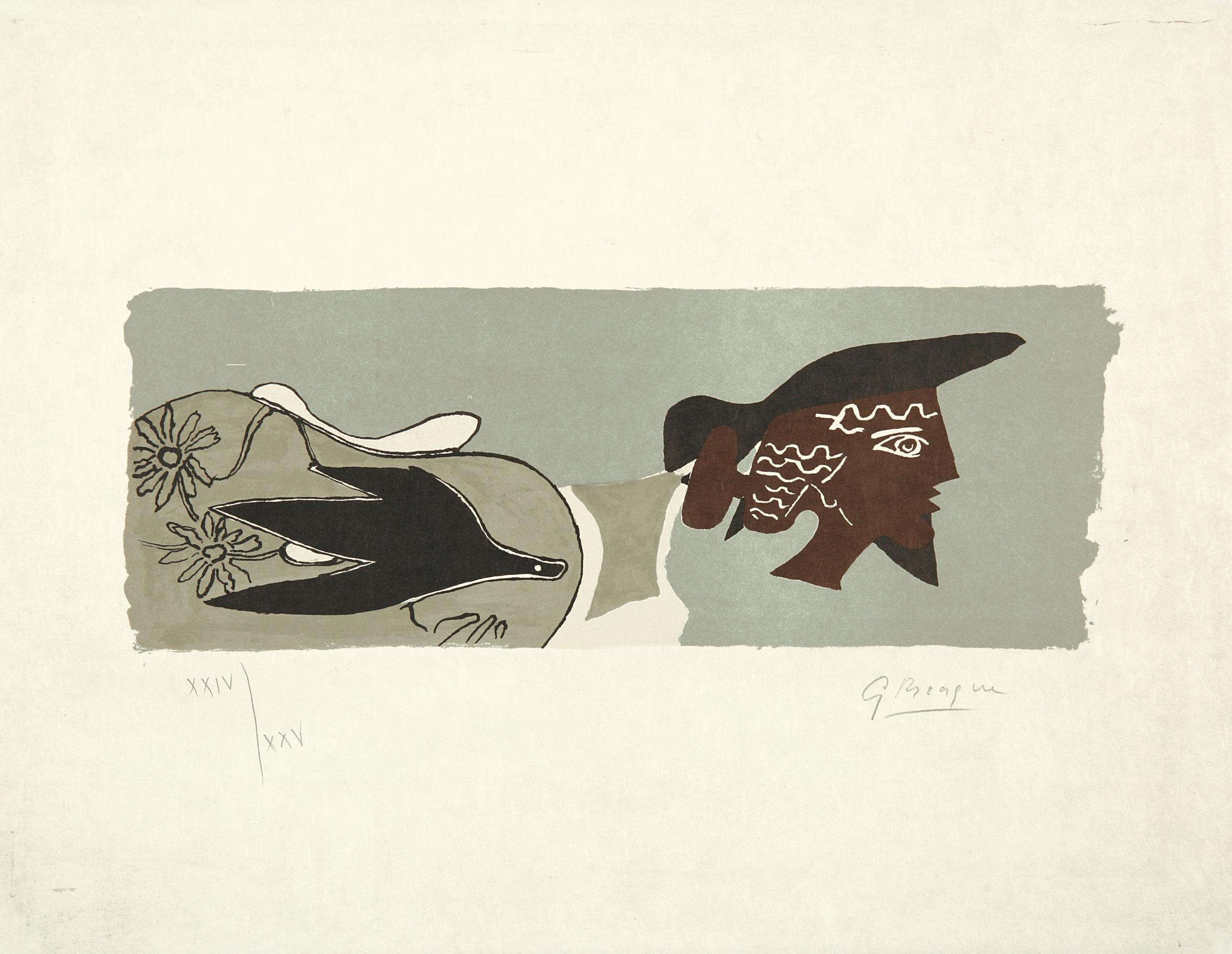 Figurative Print Georges Braque - Le poète - lithographie, grec, ancien, profil, oiseau, fleurs