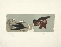Vintage Le poète - lithograph, greek, acient, profile, bird, flowers