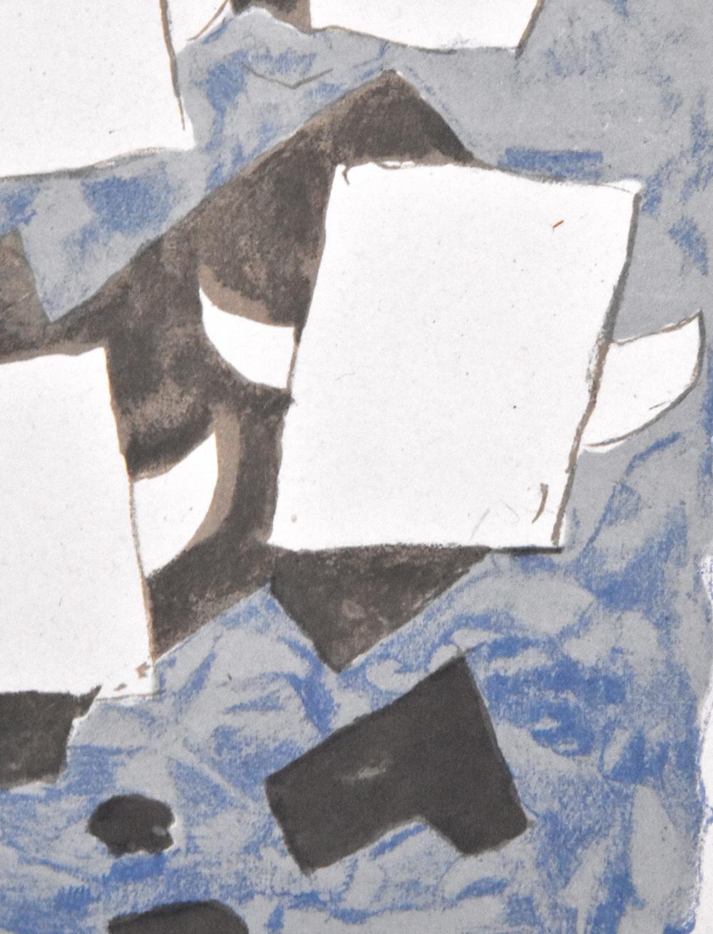 Das abstrakte Gemälde Le tir à l'arc (Das Bogenschießen) von Georges Braque aus dem Jahr 1960 spielt mit sich wiederholenden Motiven, die immer wieder leicht variieren. Vier weiße, rechteckige Figuren, die in einer quadratischen Formation angeordnet