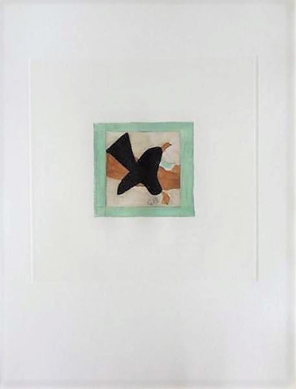 Created as an aquatint in 1965 and printed by Ateliers Crommelynck, Oisea en Vol (Bird in Flight) is an aquatint created by Georges Braque measuring 15 x 11 in. (38 x 28 cm), unframed.  The print is signed in the lithographic plate (printed