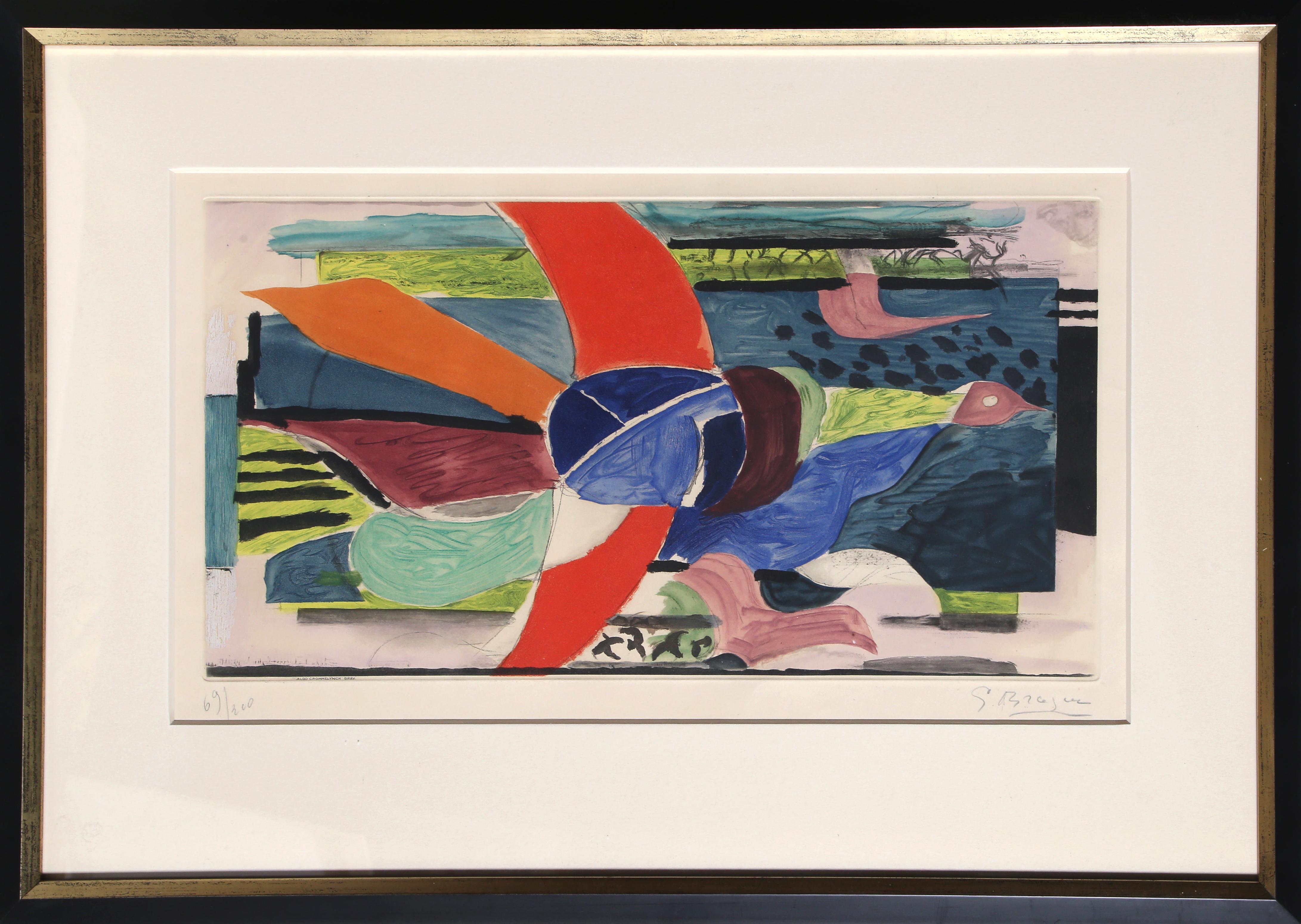 Oiseau Multicolore by Georges Braque, French (1882–1963)
Date: 1950
Aquatint Etching, signed and numbered in pencil
Edition of 69/200
Image Size: 10 x 19.5 inches
Size: 17.75 x 25.25 in. (45.09 x 64.14 cm)
Frame Size: 19.5 x 28 inches
Printer: Aldo