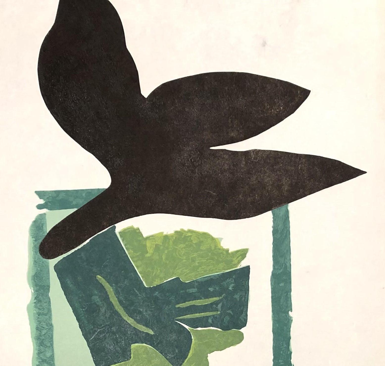 Black Bird On Green Background - Original woodcut handsigned - 50 copies - Print by Georges Braque
