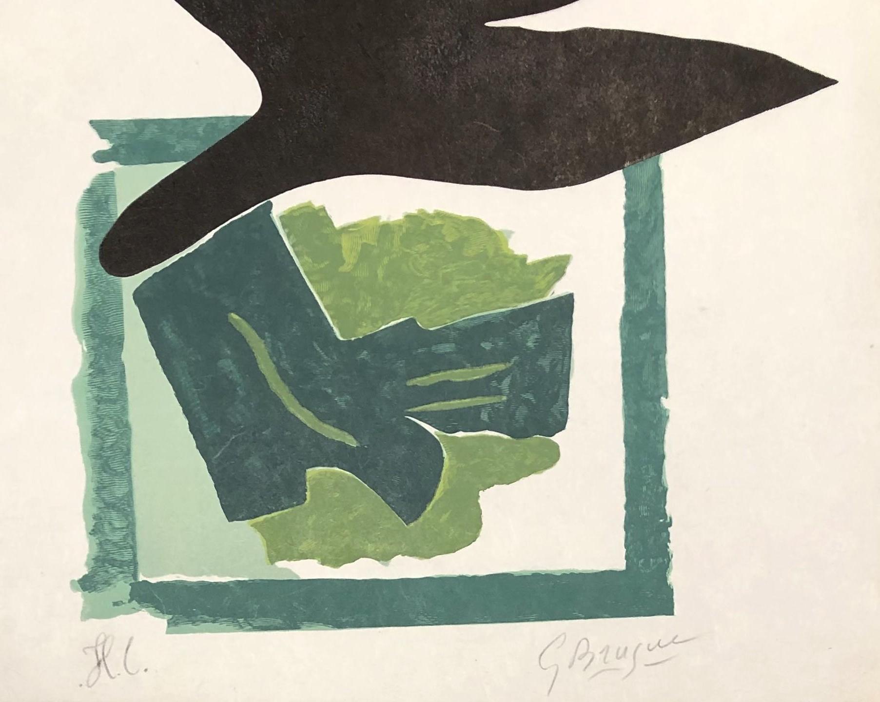 Georges BRAQUE
Oiseau noir sur fond vert (black bird on green background)

Original woodcut, 1962
Handsigned in pencil
Hors Commerce proof (aside the edition of 50 copies)
On Japon nacré paper, size 47 x 37 cm (c. 18,5 x 14,6 in)
Very good