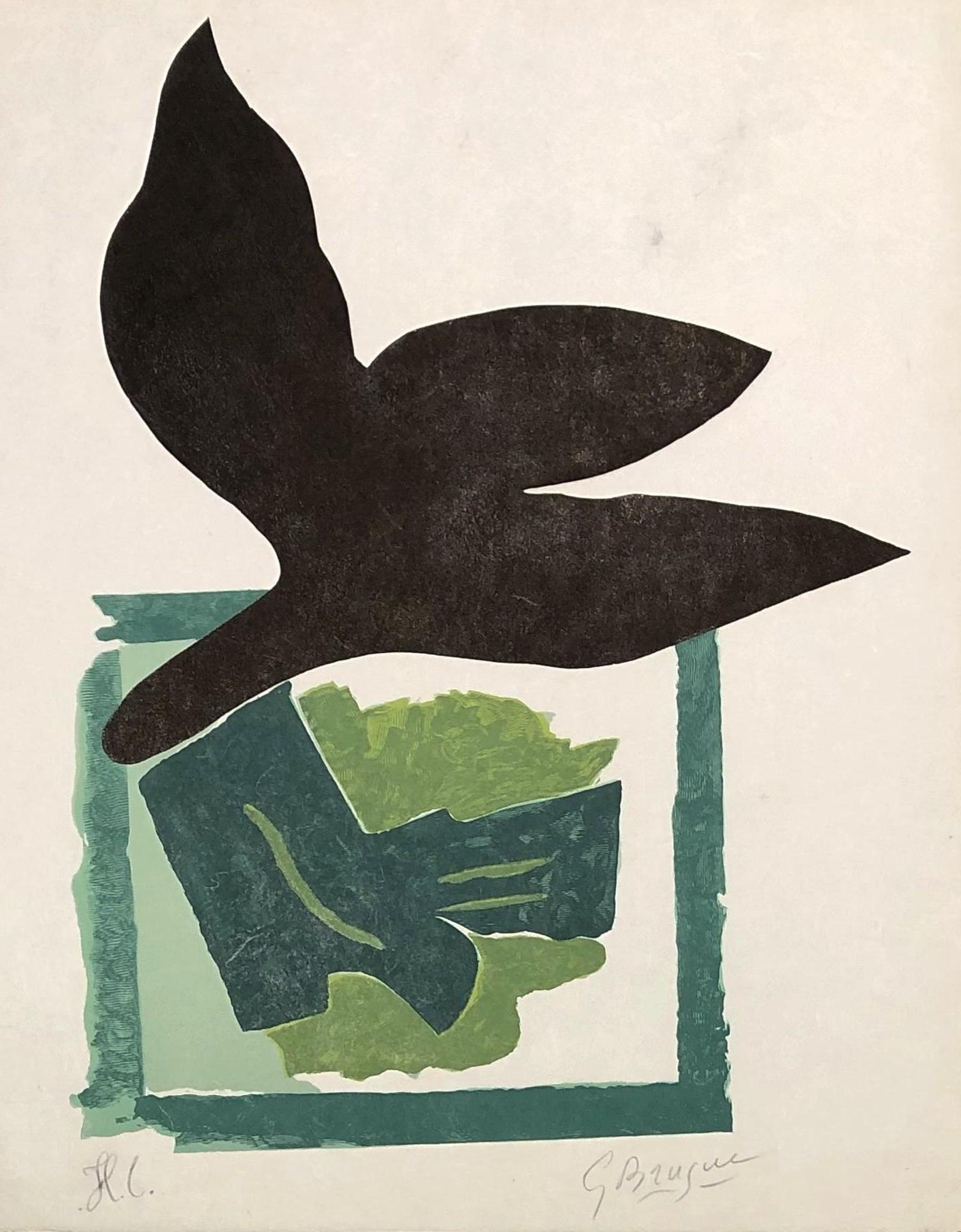 Georges Braque Figurative Print - Black Bird On Green Background - Original woodcut handsigned - 50 copies