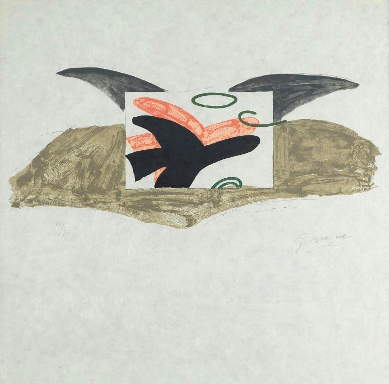 Georges Braque (francés, 1882-1963).
Affiche pour l'exposition Georges Braque-René Char à la Bibliothèque Jacques Doucet)  (Vallier 185)
Litografía en colores sobre papel nacarado de Japón
Firmado y numerado a lápiz, de una edición de 75
Publicado