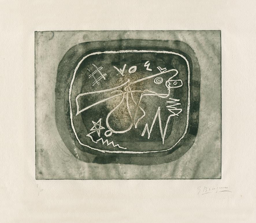 Print de Georges Braque - Théogonie I - Abstracto, Aguafuerte, Griego, Mitología, Antiguo, Negro, Marrón