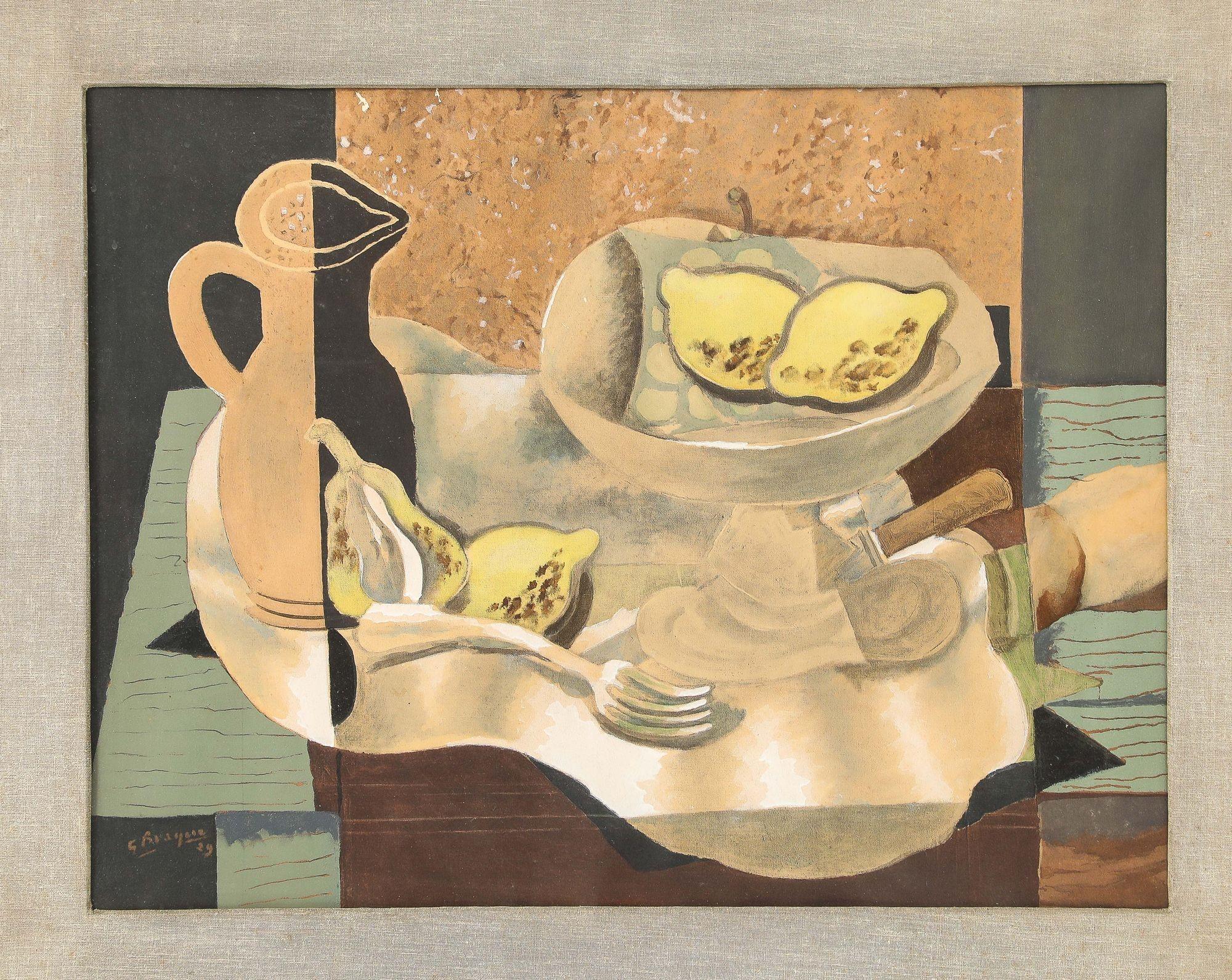 A great Signed Georges Braque Mixed Media Embellished print and Screenprint Still Life with Pitcher and Lemons. 1949. Published by Dessin Incorporated, Paris No 18
Frame: 32.75 x 27.75 Print: 28