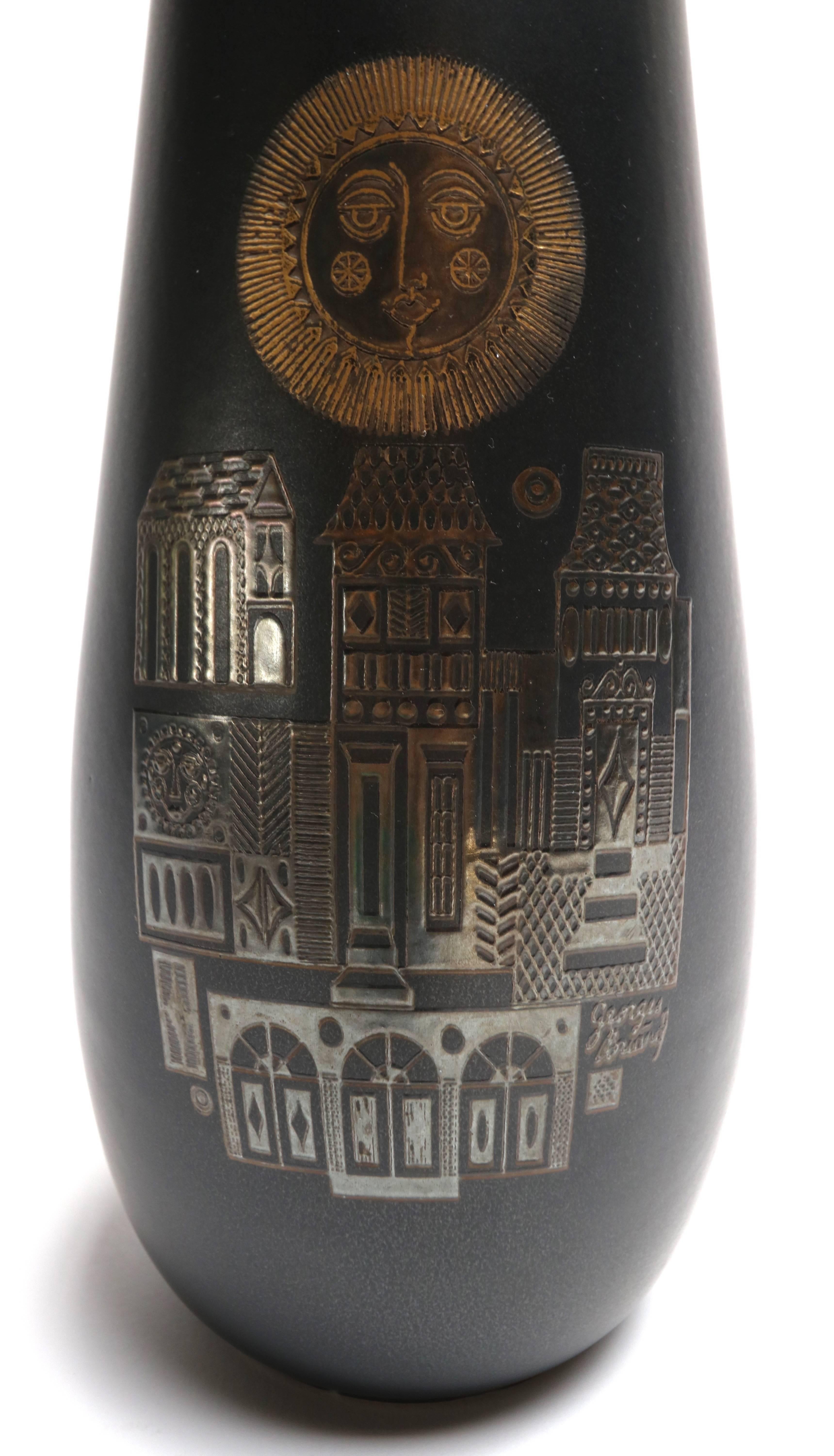 Mid-20th Century Georges Briard Black Vase with Gold and Silver Metallic Village Scene, 1960s For Sale