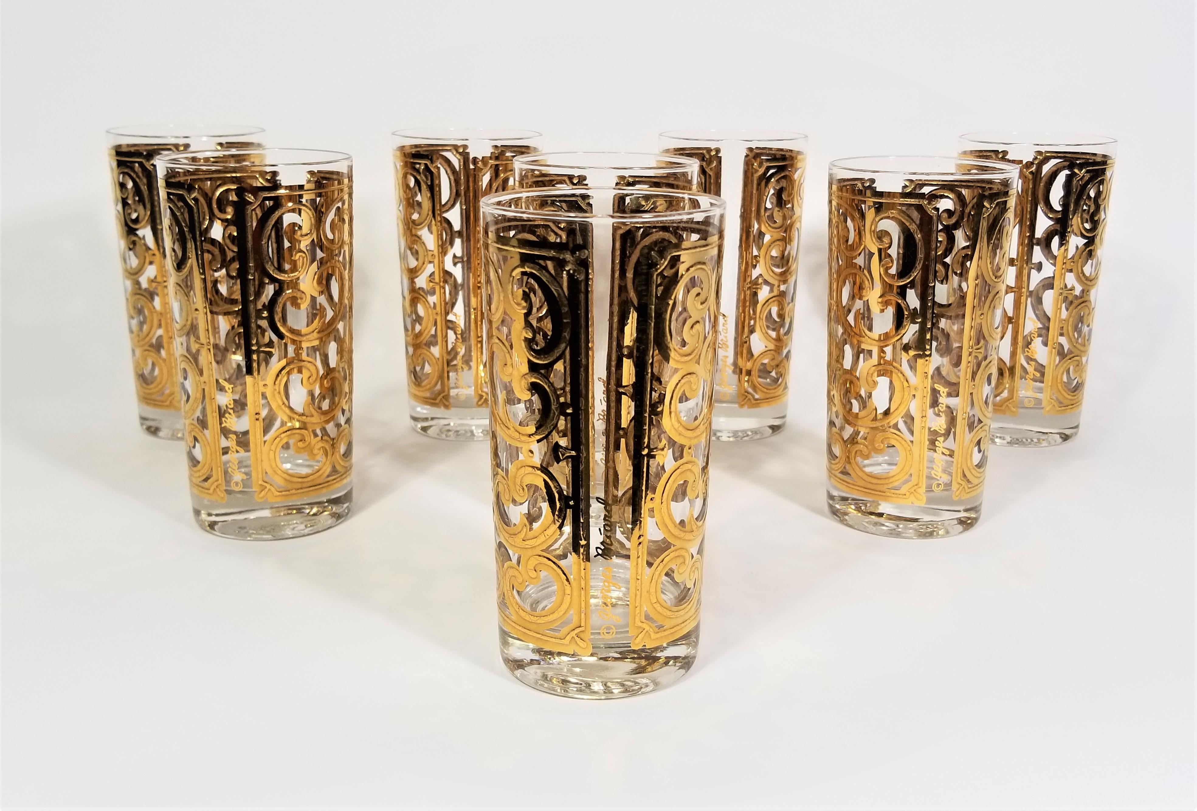 Mid century 1960s Georges Briard 22K glassware barware. 
Set of 8. All glasses are signed. Excellent condition. 

*We have a total of 14 of these listed separately as a set of 6 and a set of 8. 