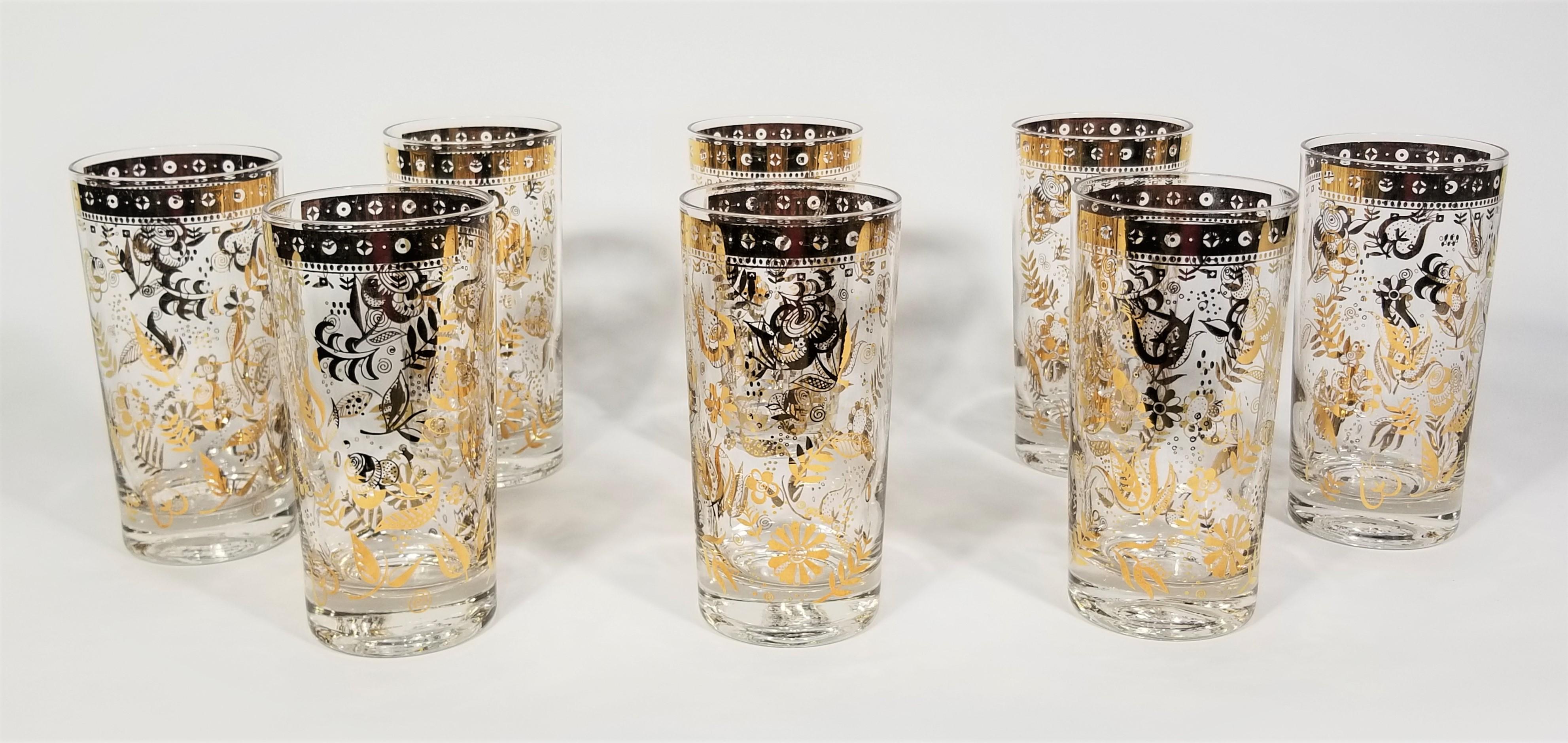 Georges Briard 22K Gold 1960s Glassware Barware Set of 8 In Excellent Condition For Sale In New York, NY