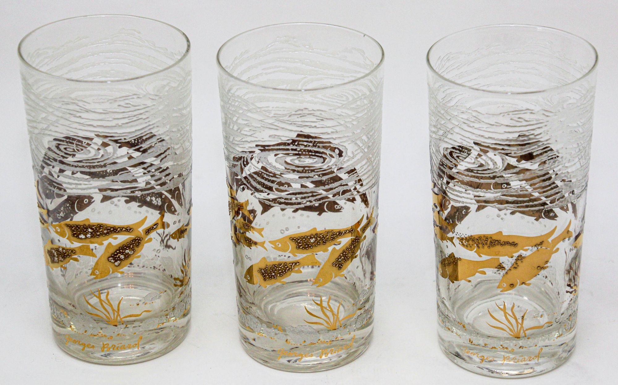 Georges Briard 22k Gold and White Glassware Barware Fish Marine Design Set of 3 For Sale 10