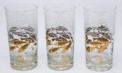 Georges Briard 22k Gold and White Glassware Barware Fish Marine Design Set of 3