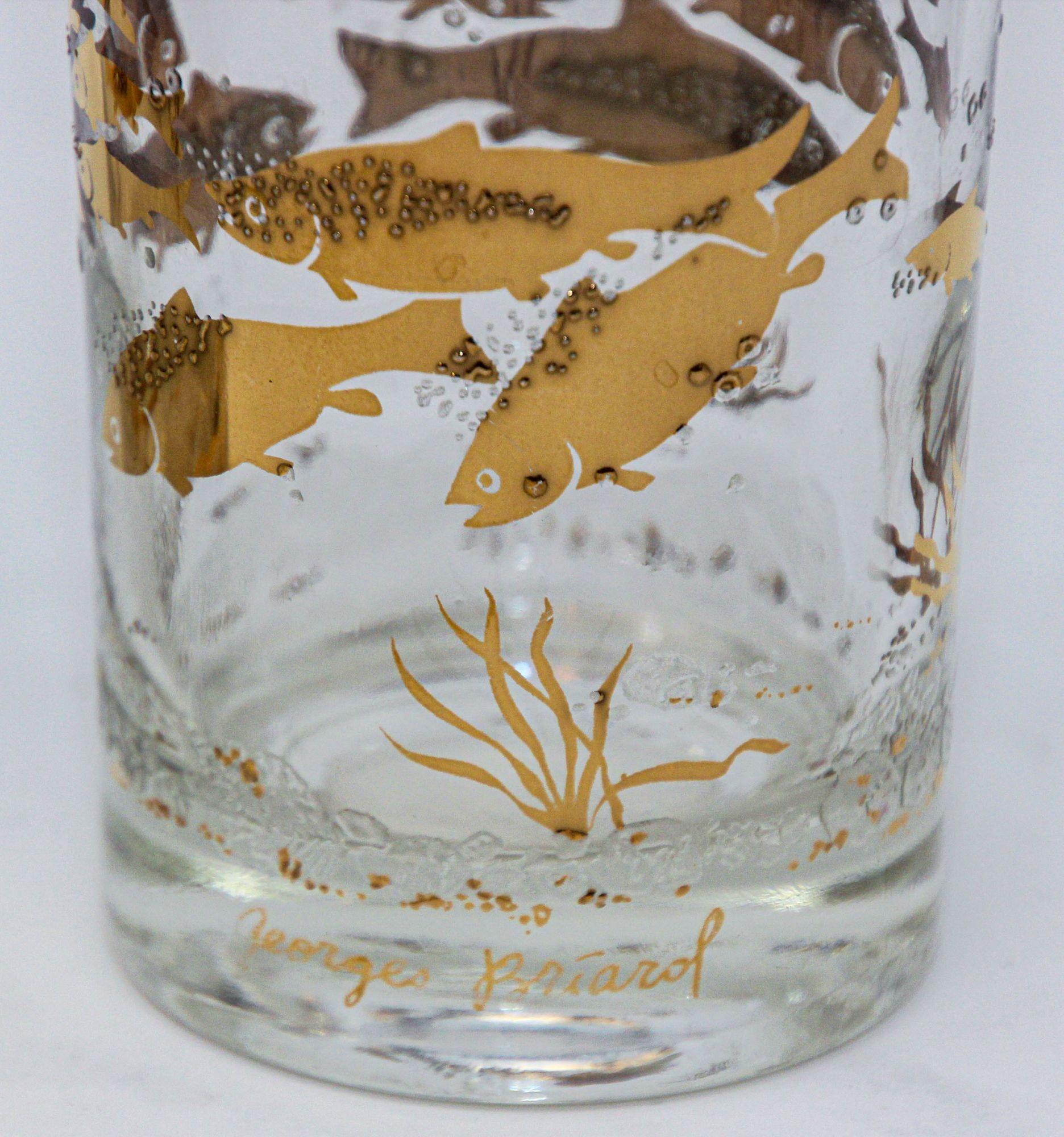 American Georges Briard 22k Gold and White Glassware Barware Fish Marine Design Set of 3 For Sale