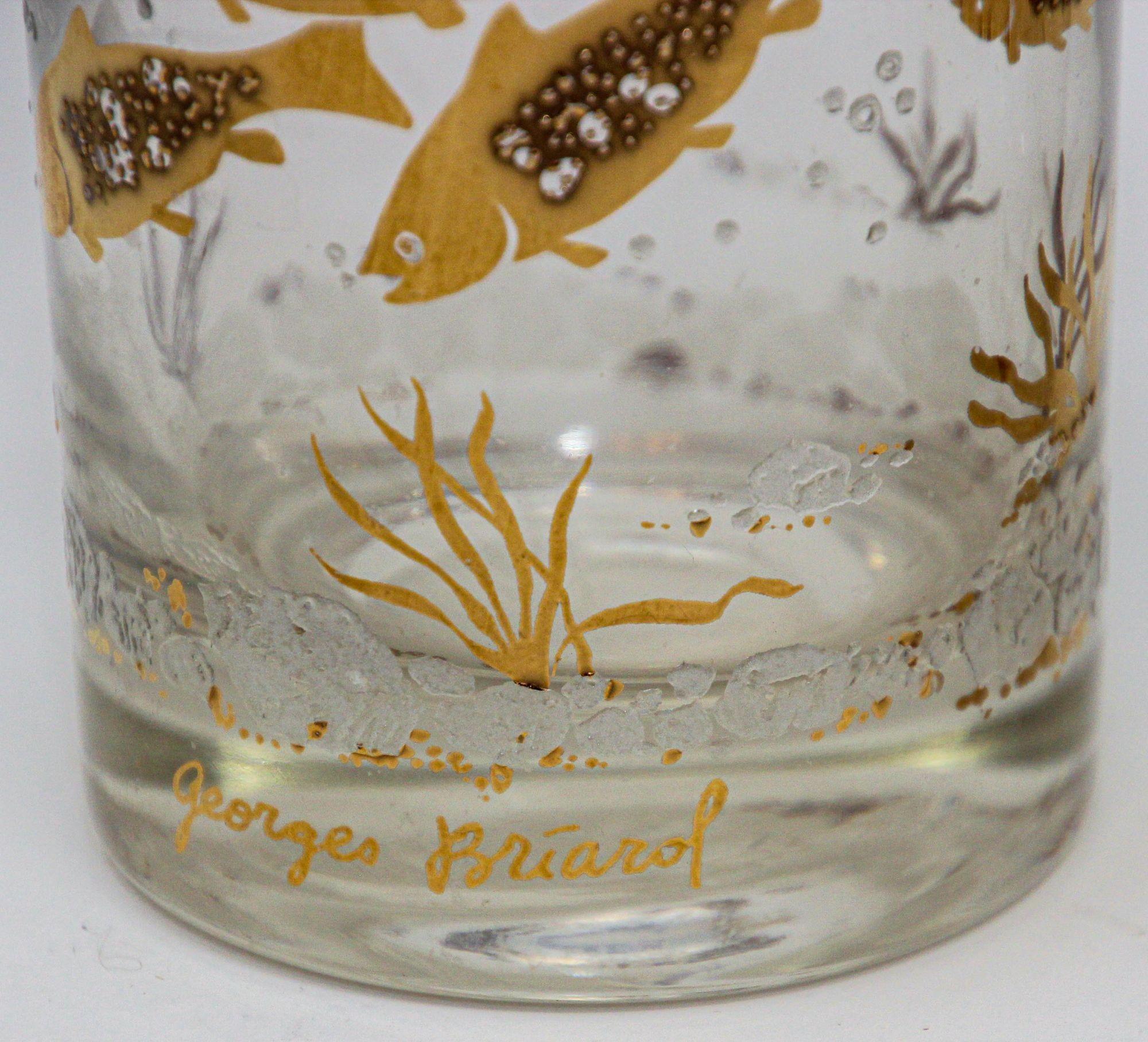 American Georges Briard 22k Gold and White Glassware Barware Fish Marine Design Set of 3 For Sale