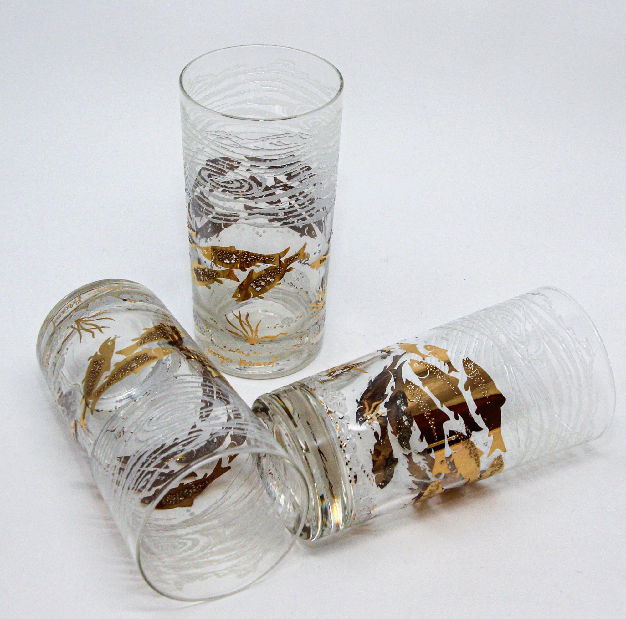 Georges Briard 22k Gold and White Glassware Barware Fish Marine Design Set of 3 For Sale 2
