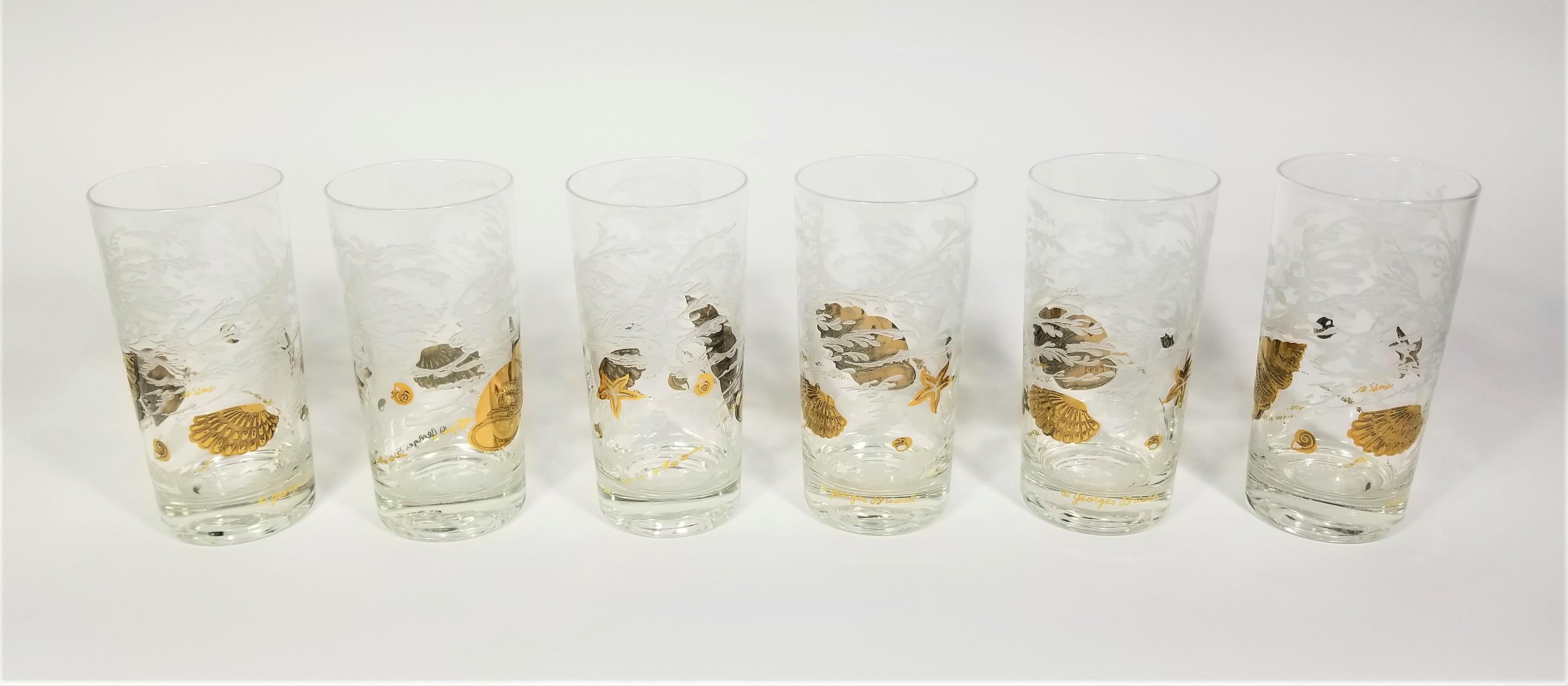 Barzubehör aus 22 Karat Gold und weißem Glas von Georges Briard mit Muschelmotiv 2