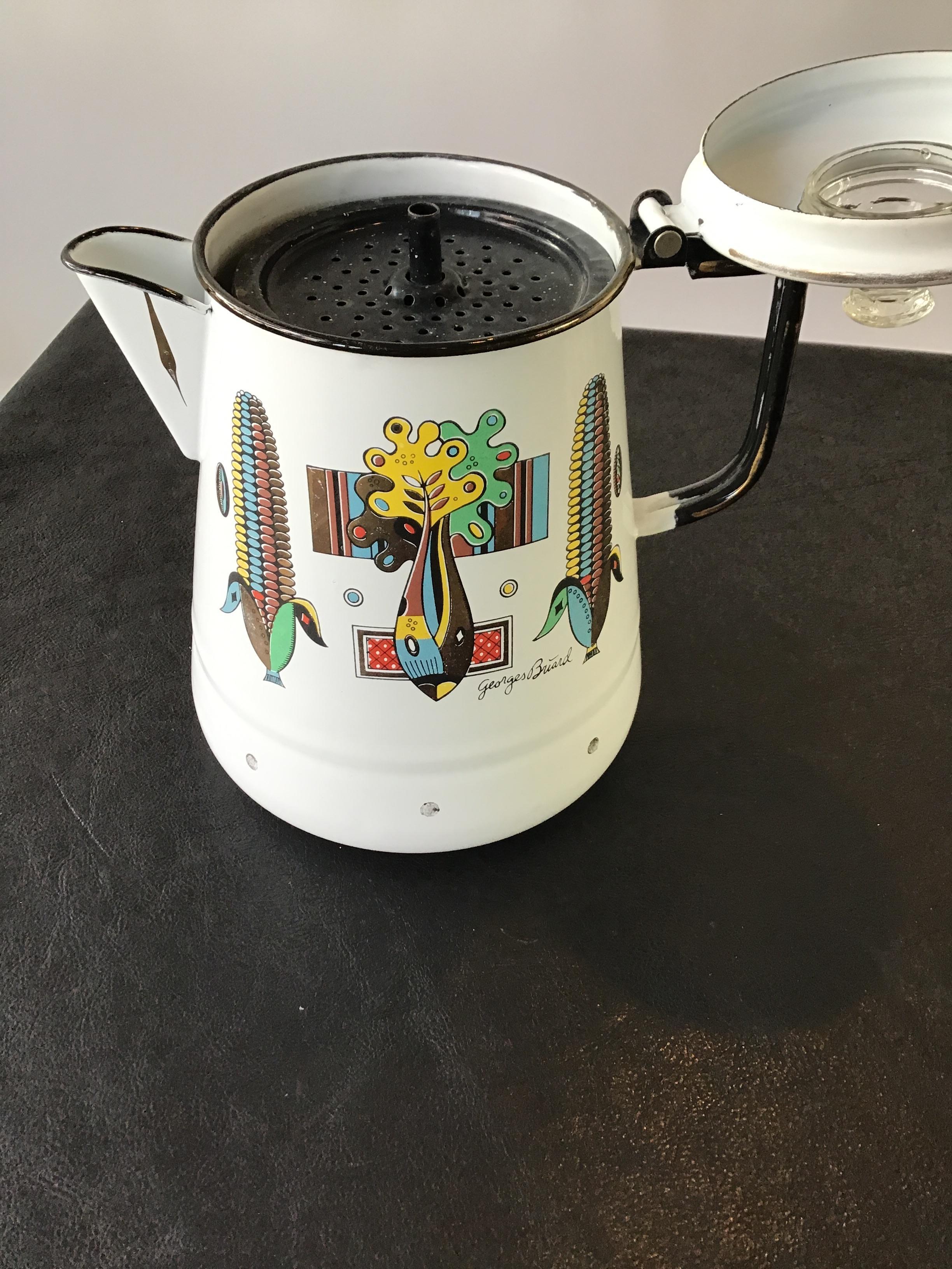 Georges Briand Mid Century Enamel Large Coffee Pot 12" & 12 corn mugs eames era 