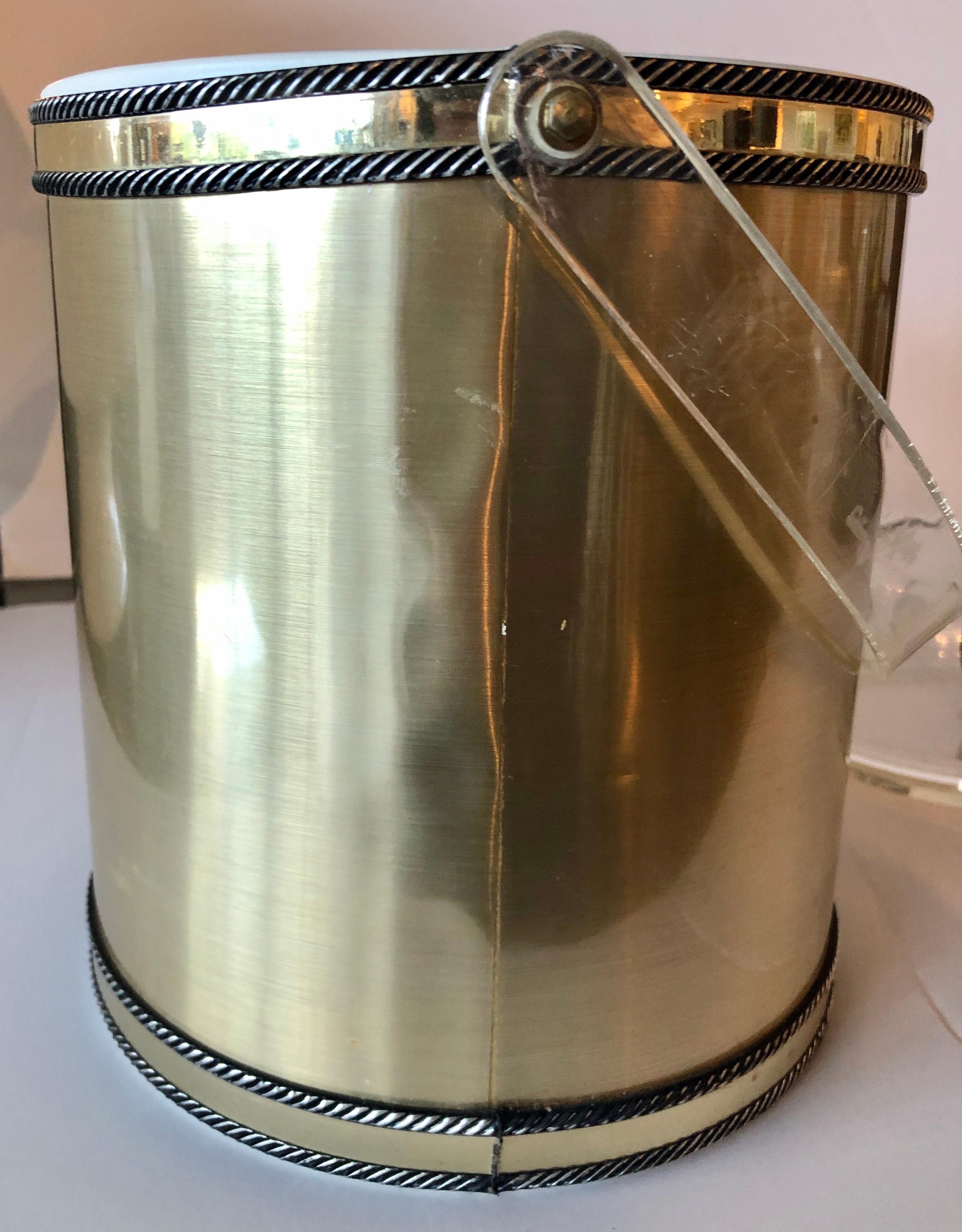 20th Century Georges Briard Brushed Brass with Rope Accents & Lucite Handle & Top Ice Bucket For Sale