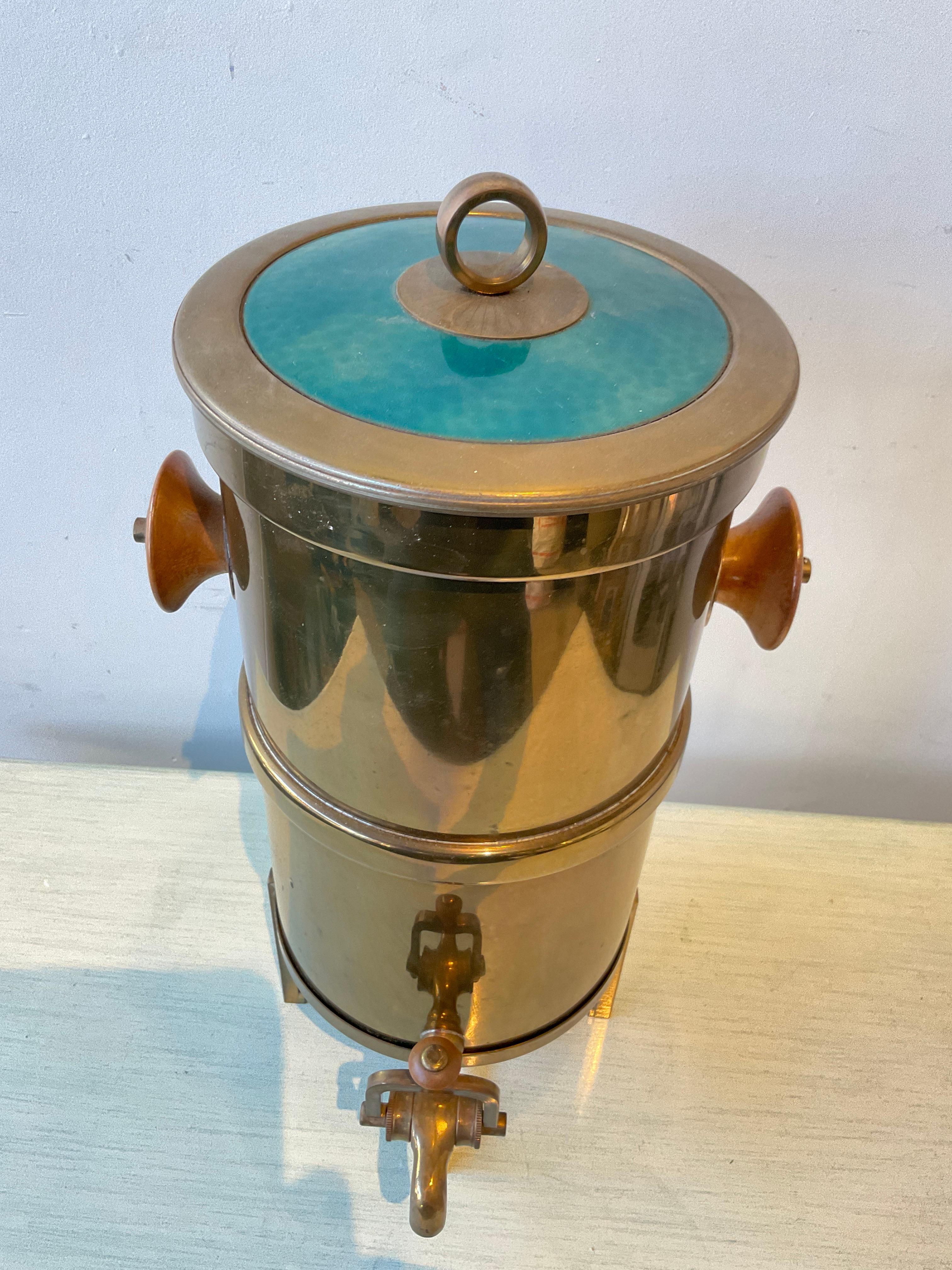 1960s George’s  Briard brass coated coffee urn. Enamel top, wood handles.