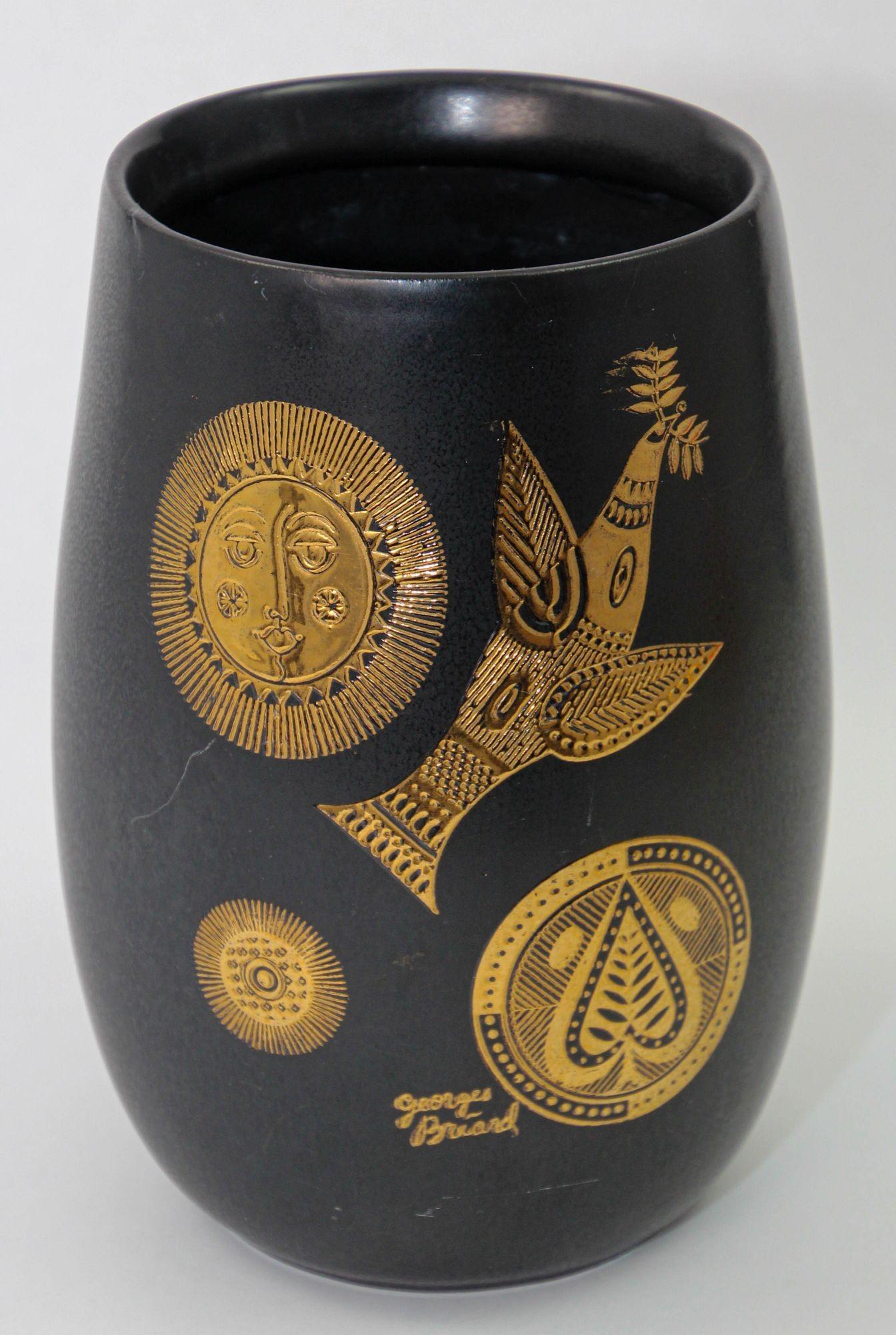 GEORGES BRIARD for Hyalyn Black and Gold Ceramic Vase 1960s Hollywood Regency For Sale 2