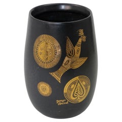 GEORGES BRIARD Black and Gold Ceramic Vase for Hyalyn 1960s Hollywood Regency