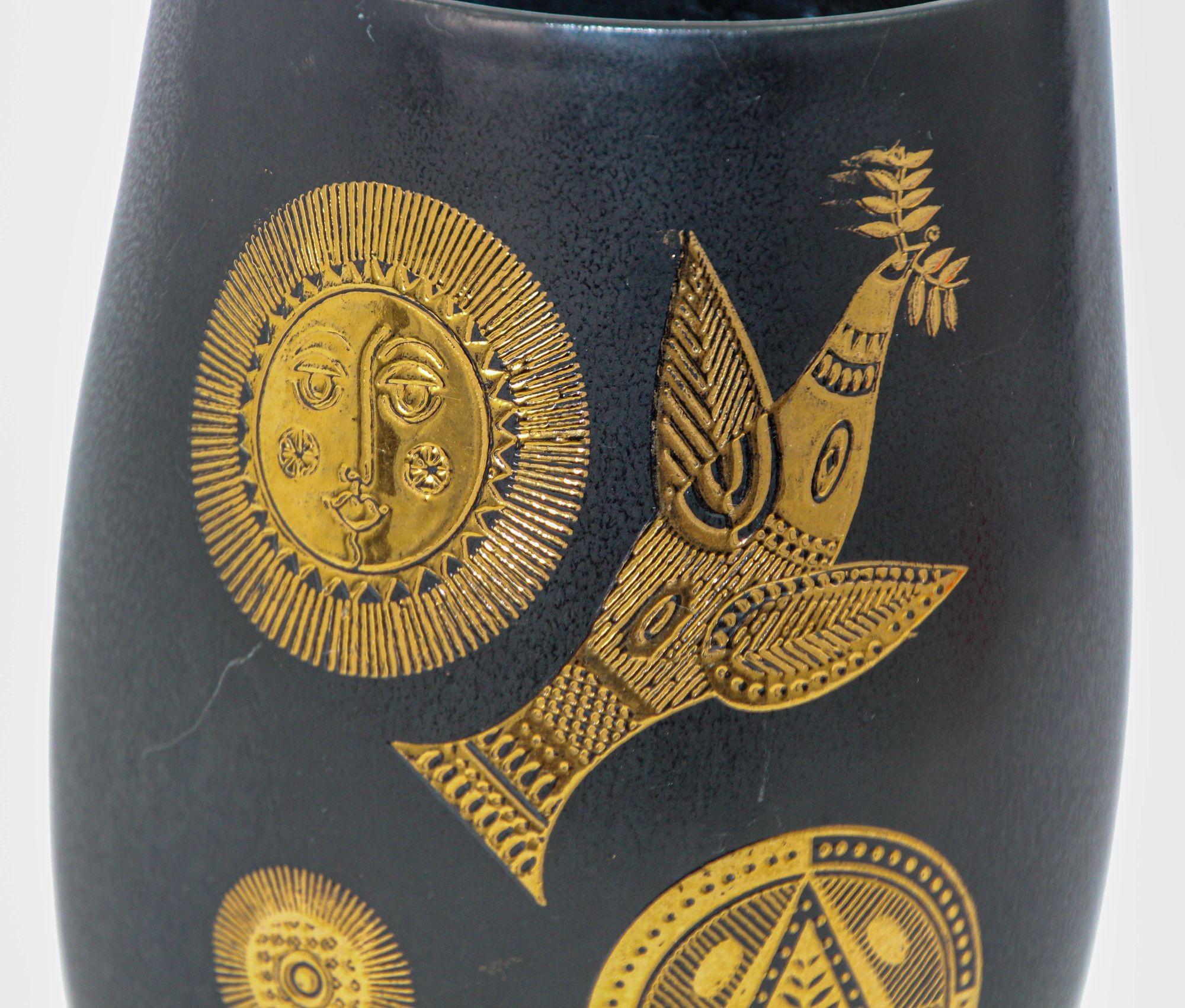 Fait main GEORGES BRIARD pour Hyalyn vase en céramique noire et or Hollywood Regency des années 1960 en vente