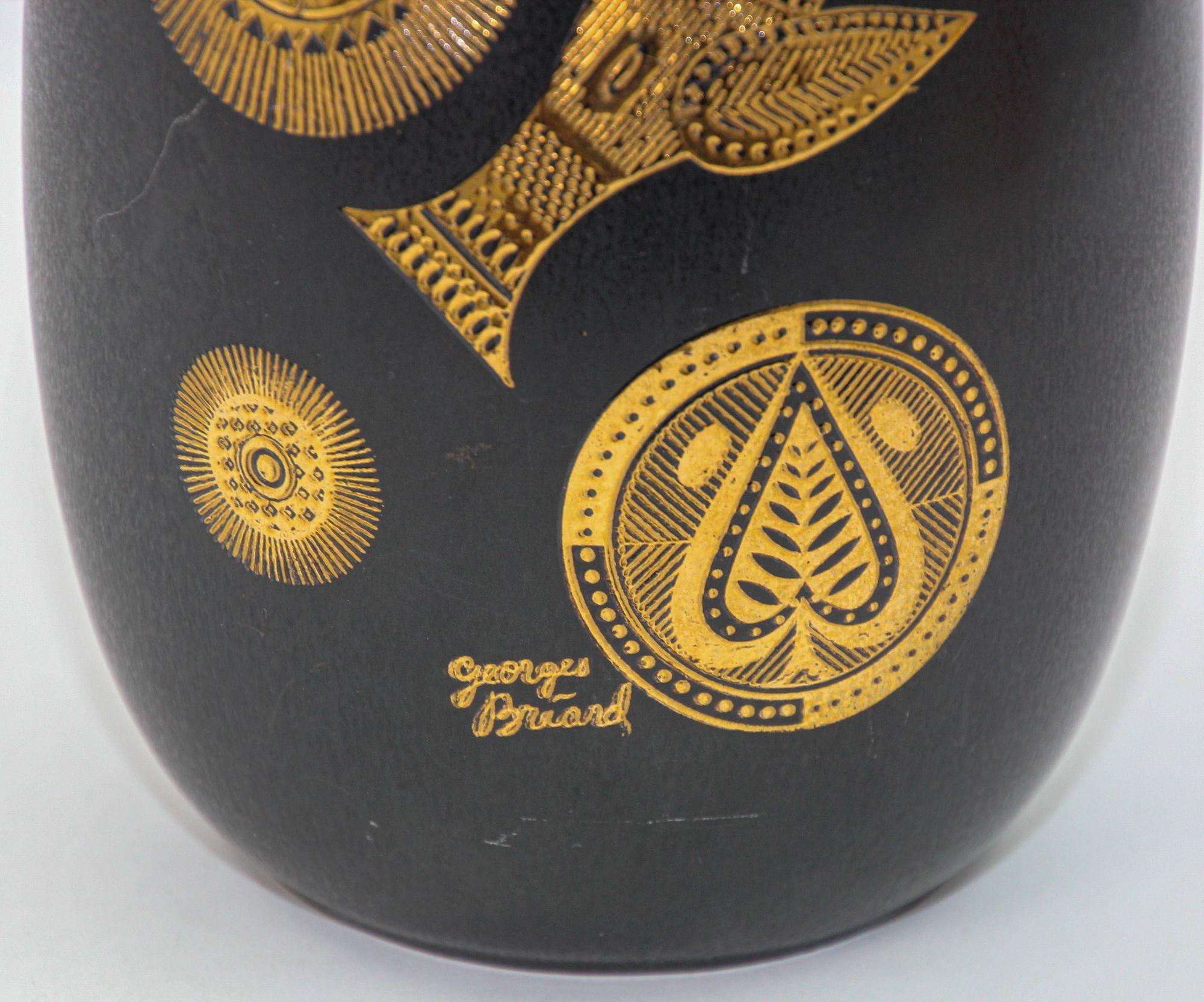 Hand-Crafted GEORGES BRIARD for Hyalyn Black and Gold Ceramic Vase 1960s Hollywood Regency For Sale