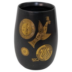 GEORGES BRIARD for Hyalyn Black and Gold Ceramic Vase 1960s Hollywood Regency