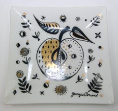 Georges Briard 'Forbidden Fruit' White Art Glass Dish with Black and Gold Design