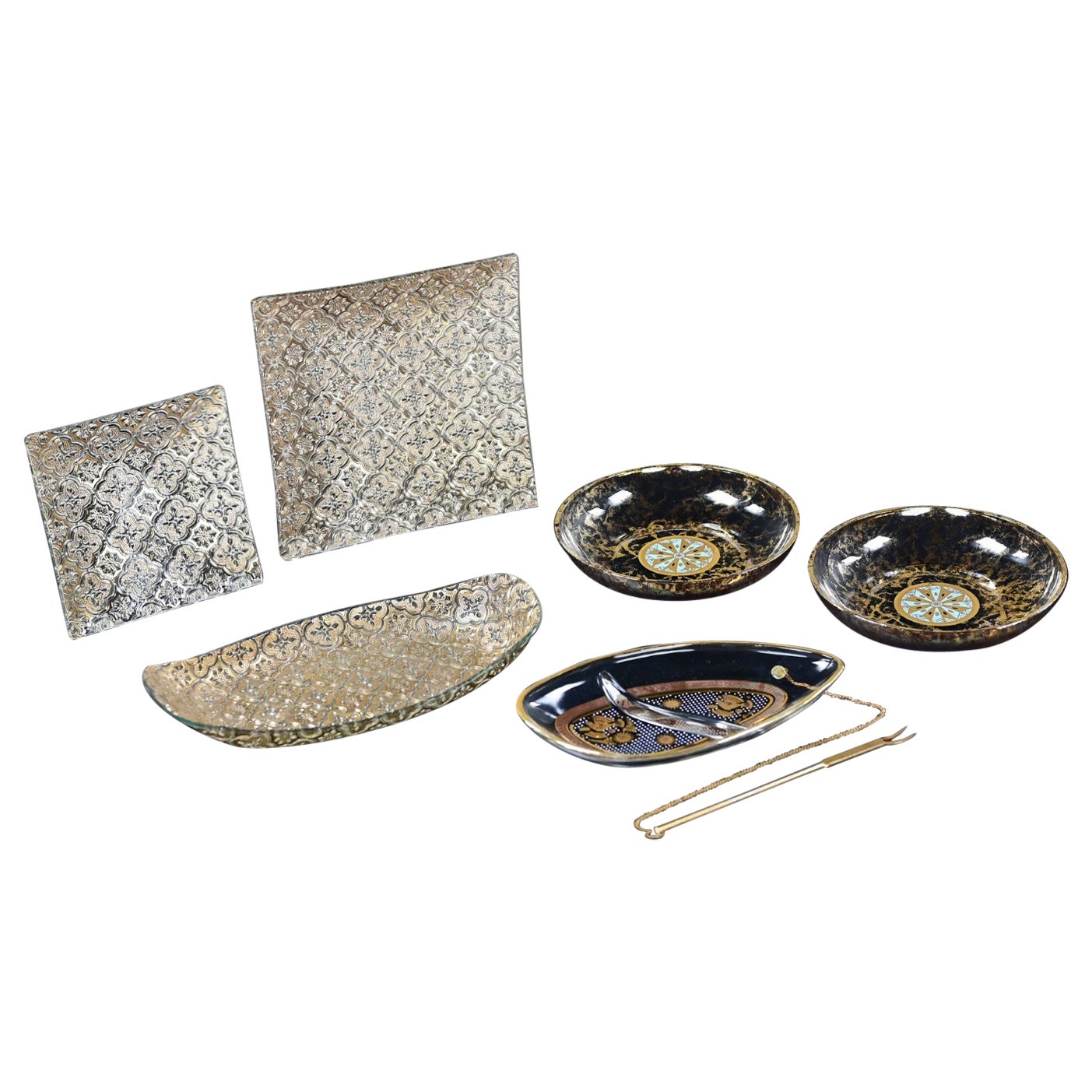 Georges Briard Glass 6 Pc Set 1 Tray 2 Square Platters 2 Bowls & 1 Relish Dish