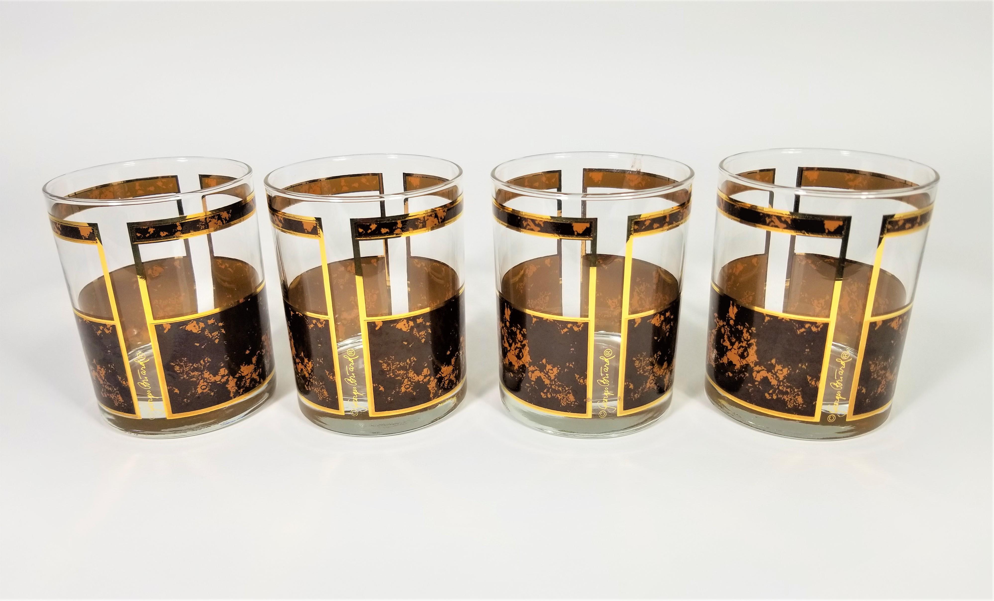 Mid Century 1960s 1970s Georges Briard Glassware Barware. Double Old Fashioned Glasses. Leather or Tortious Design with Gold accent trim. Set of 4. All glasses are Signed and in Excellent Condition. 