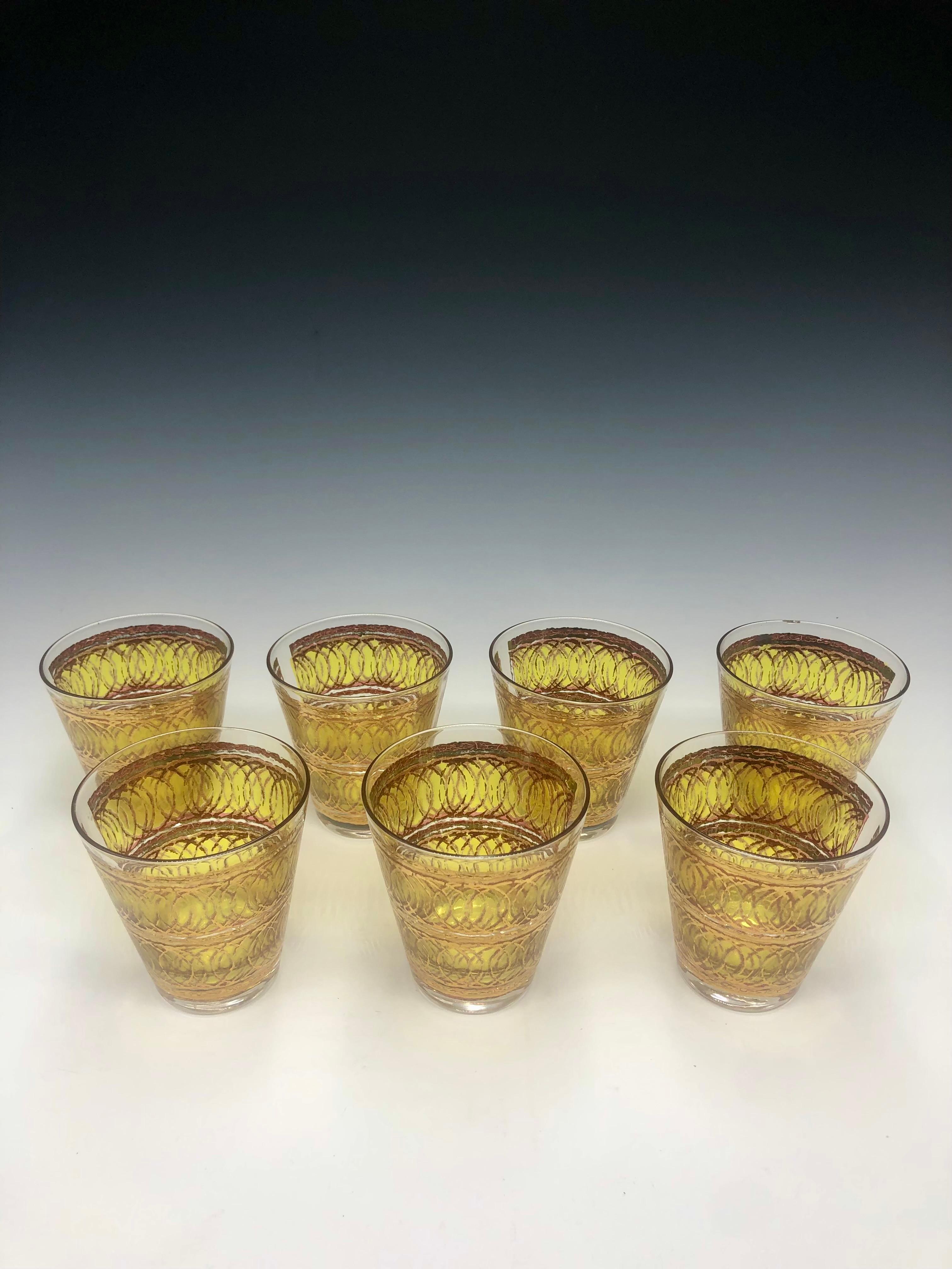 Mid-Century Modern Georges Briard Gold and Yellow Patterned Mid-Century Tumbler Glasses - Set of 6 For Sale