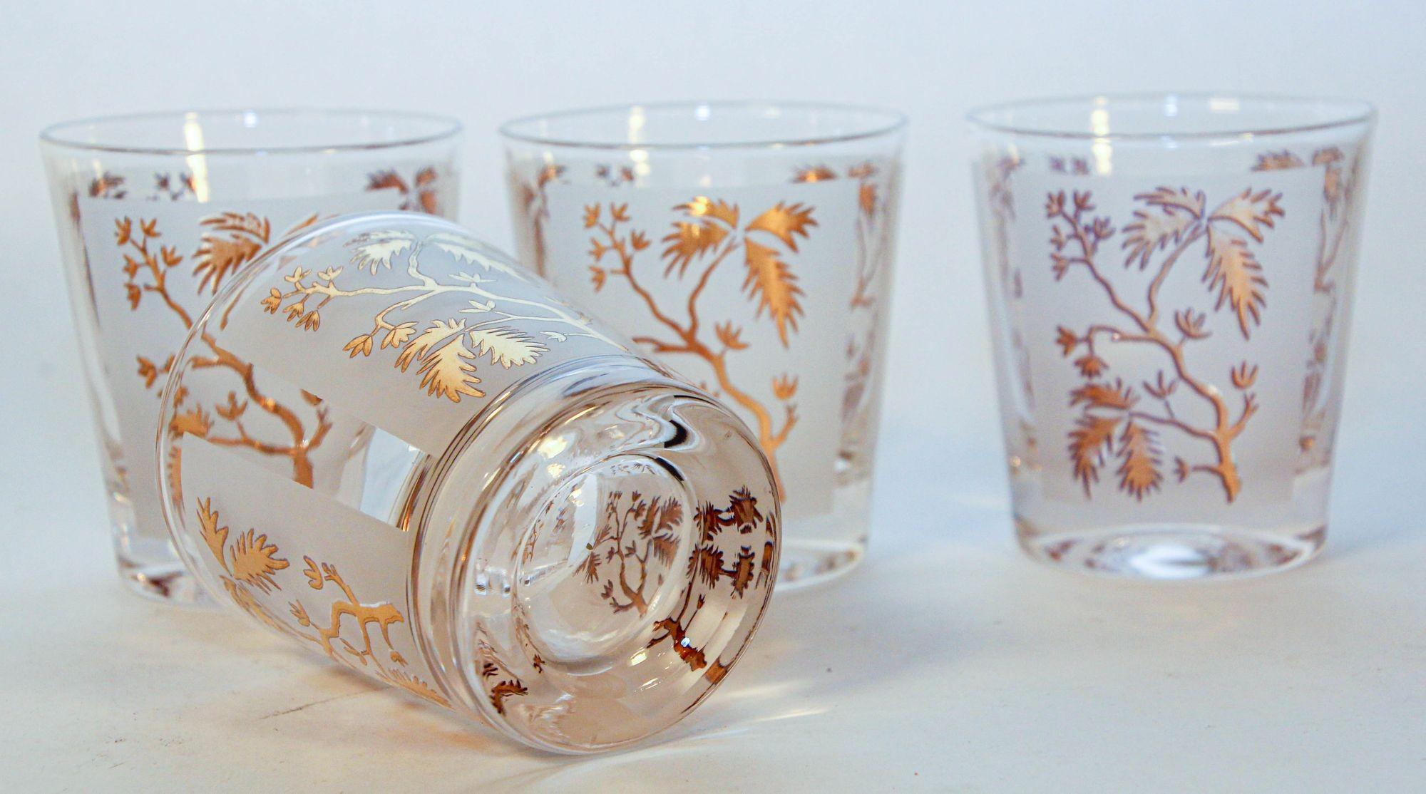 Mid-Century Modern Georges Briard Gold Leaf Old Fashioned Frosted Cocktail Glasses Set of 4 For Sale