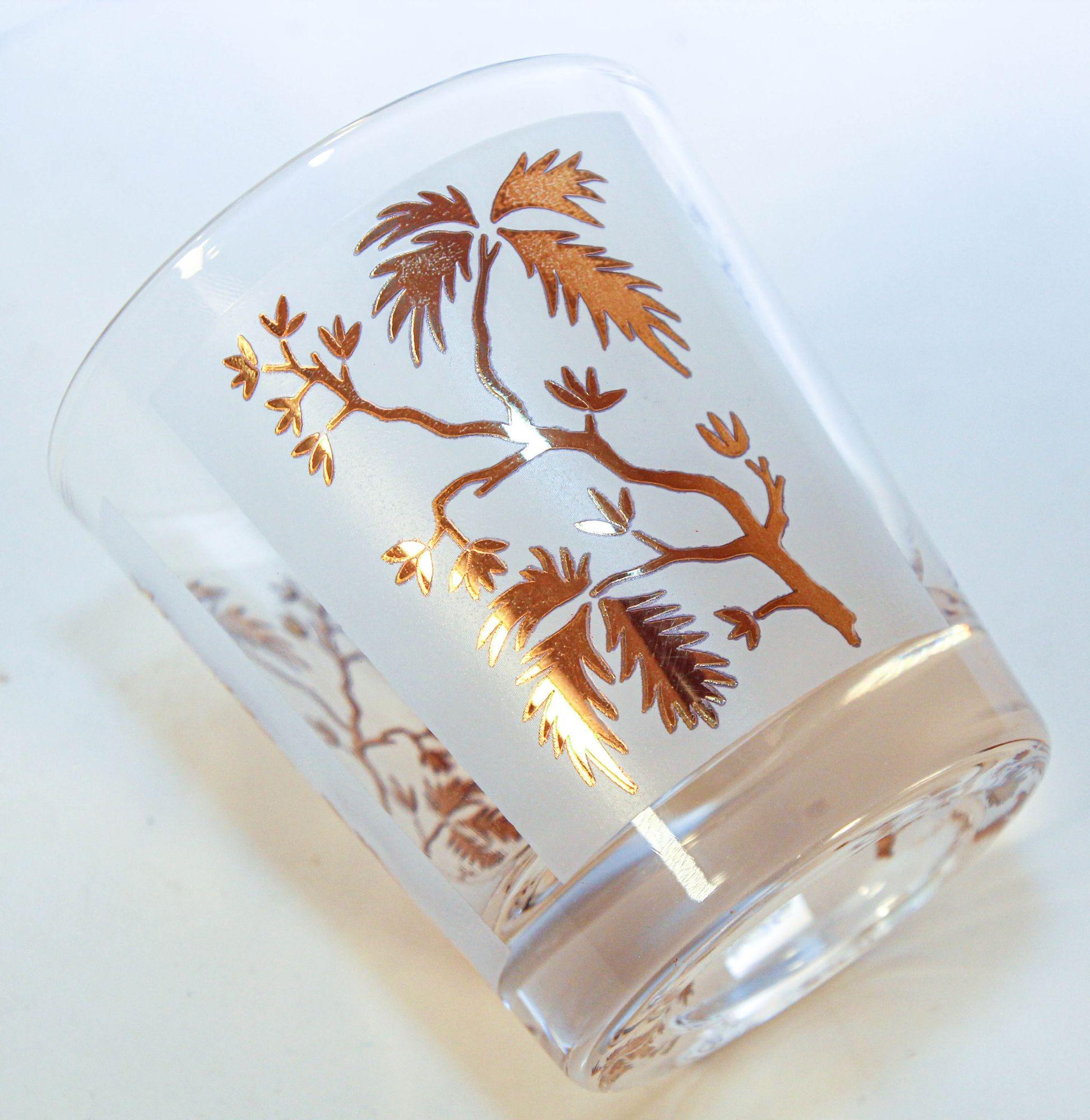 Georges Briard Gold Leaf Old Fashioned Frosted Cocktail Glasses Set of 4 In Good Condition For Sale In North Hollywood, CA