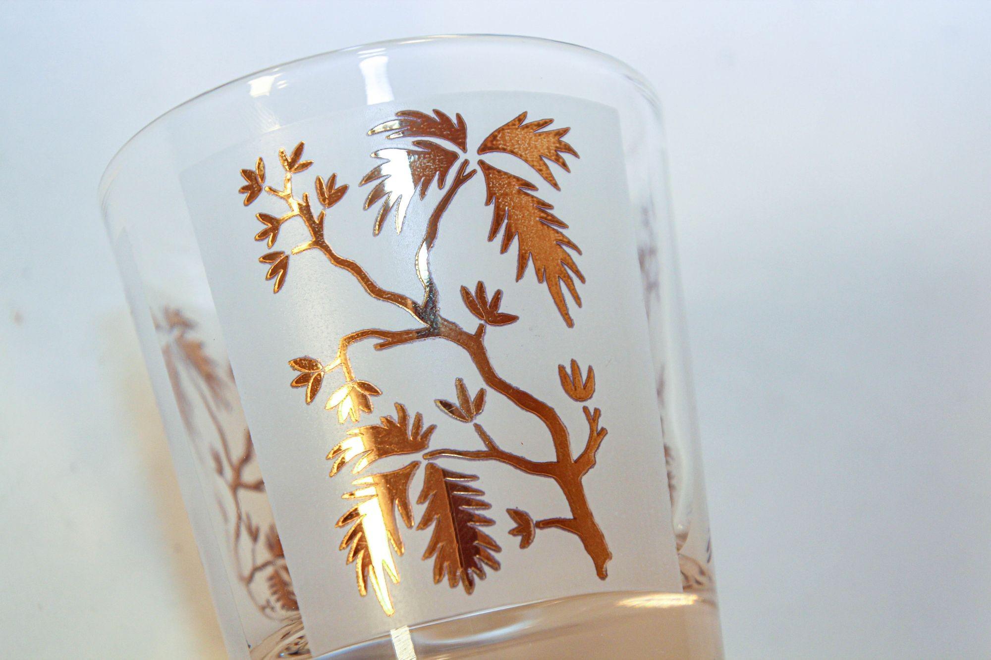 Mid-Century Modern Georges Briard Gold Leaf Old Fashioned Frosted Cocktail Glasses Set of 4