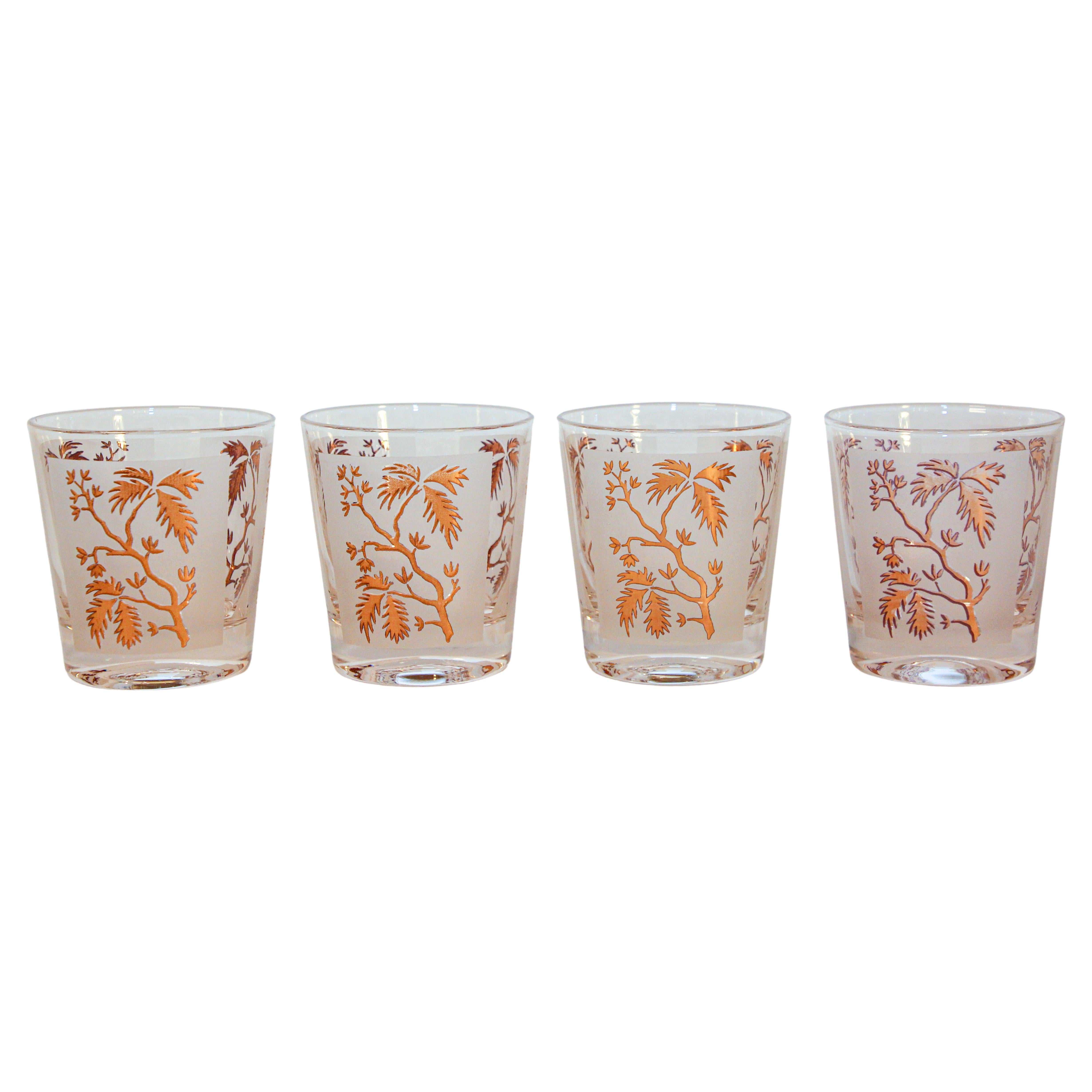Georges Briard Gold Leaf Old Fashioned Frosted Cocktail Glasses Set of 4 For Sale