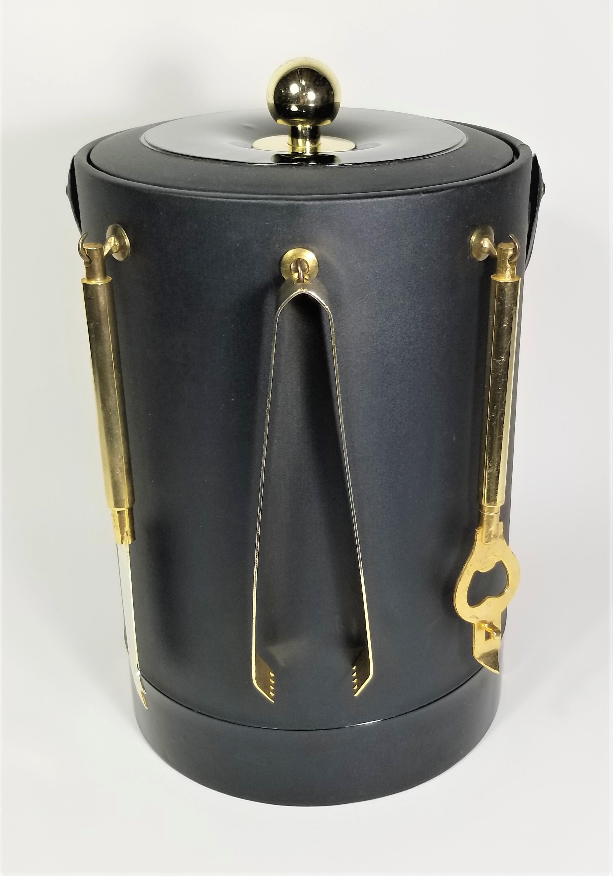 Georges Briard Ice Bucket Black and Gold with Bar Utensils Mid Century For Sale 3