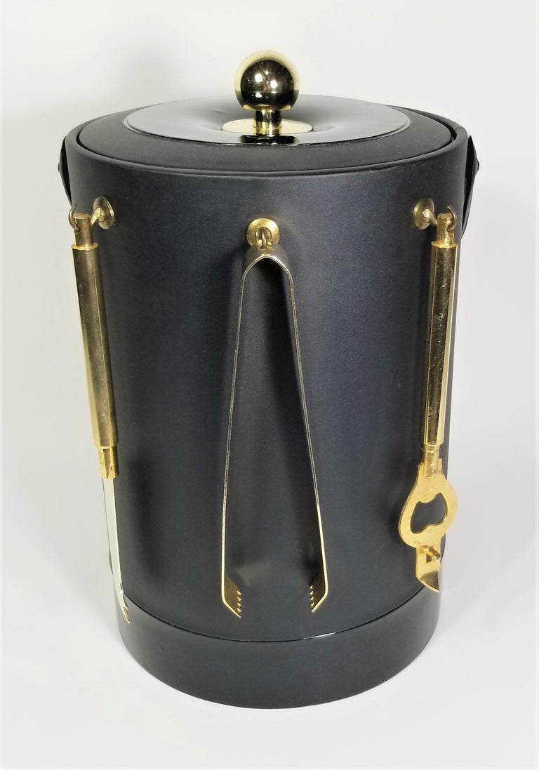 Briard Ice Bucket Black and Gold with Bar Utensils Mid Century For Sale at 1stDibs
