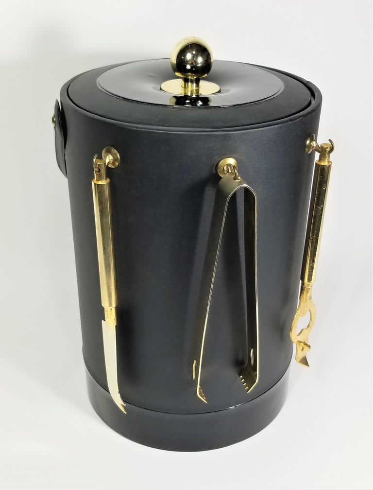 Briard Ice Bucket Black and Gold with Bar Utensils Mid Century For Sale at 1stDibs