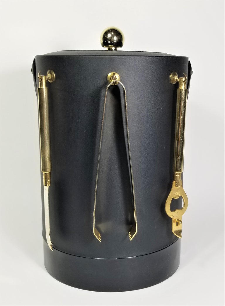 Briard Ice Bucket Black and Gold with Bar Utensils Mid Century For Sale at 1stDibs