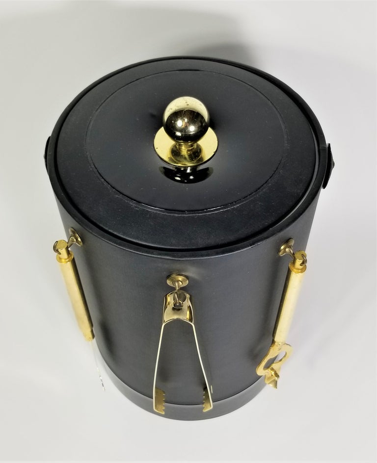 Briard Ice Bucket Black and Gold with Bar Utensils Mid Century For Sale at 1stDibs