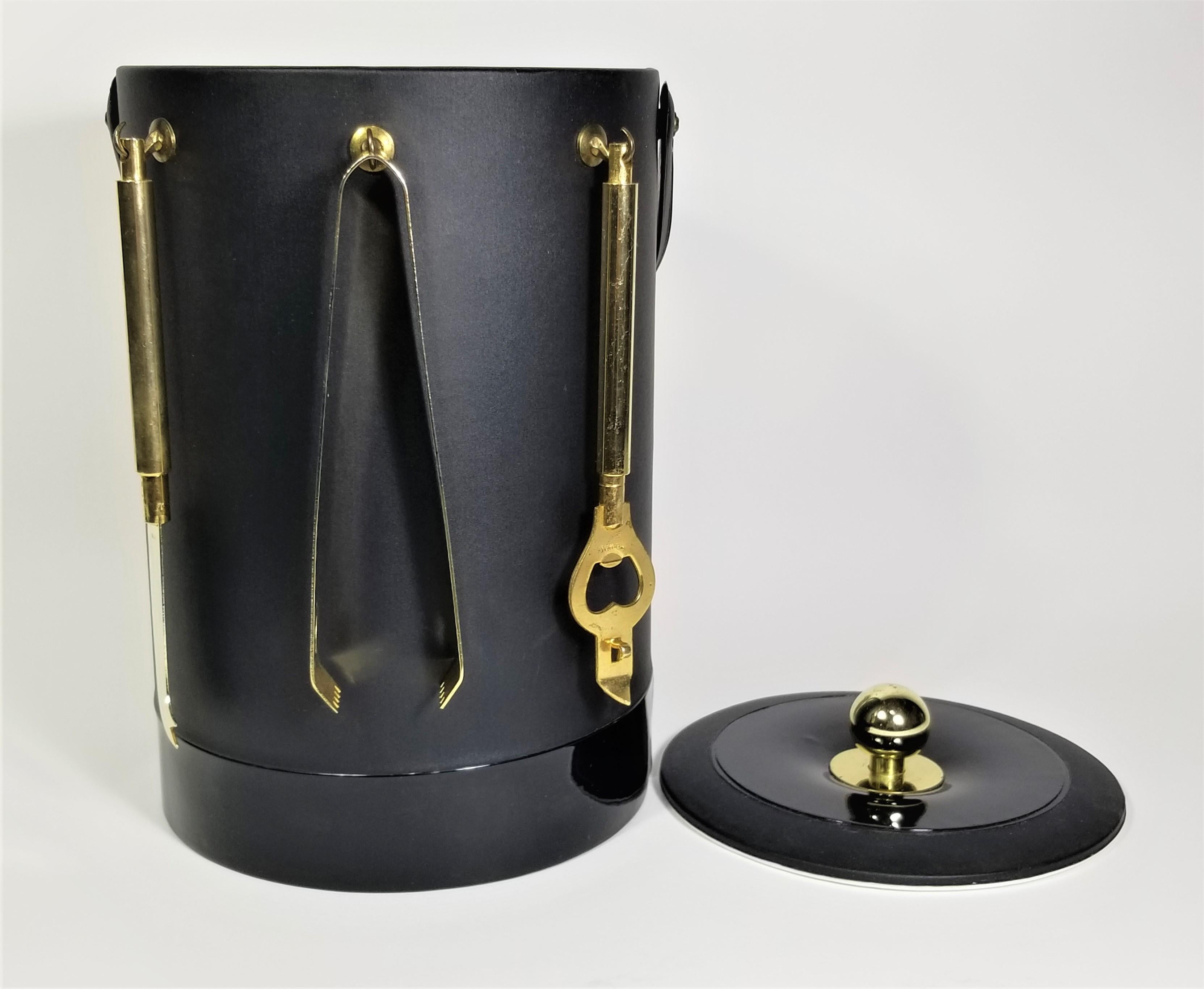 Georges Briard Ice Bucket Black and Gold with Bar Utensils Mid Century In Excellent Condition For Sale In New York, NY