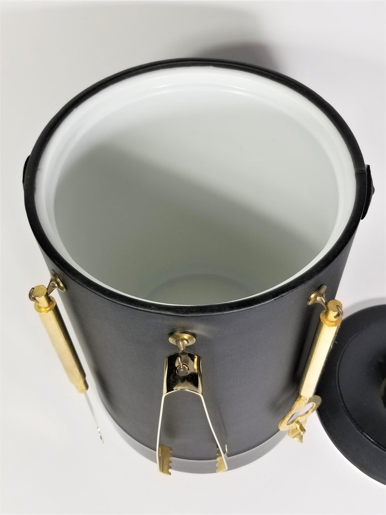 Briard Ice Bucket Black and Gold with Bar Utensils Mid Century For Sale at 1stDibs