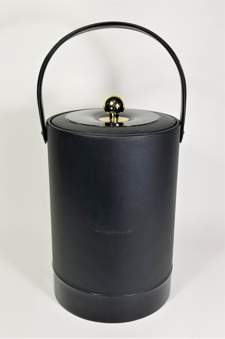 Briard Ice Bucket Black and Gold with Bar Utensils Mid Century For Sale at 1stDibs