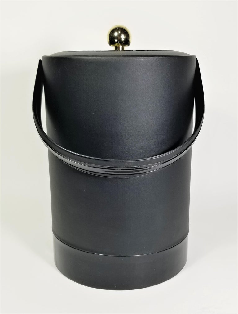 Briard Ice Bucket Black and Gold with Bar Utensils Mid Century For Sale at 1stDibs