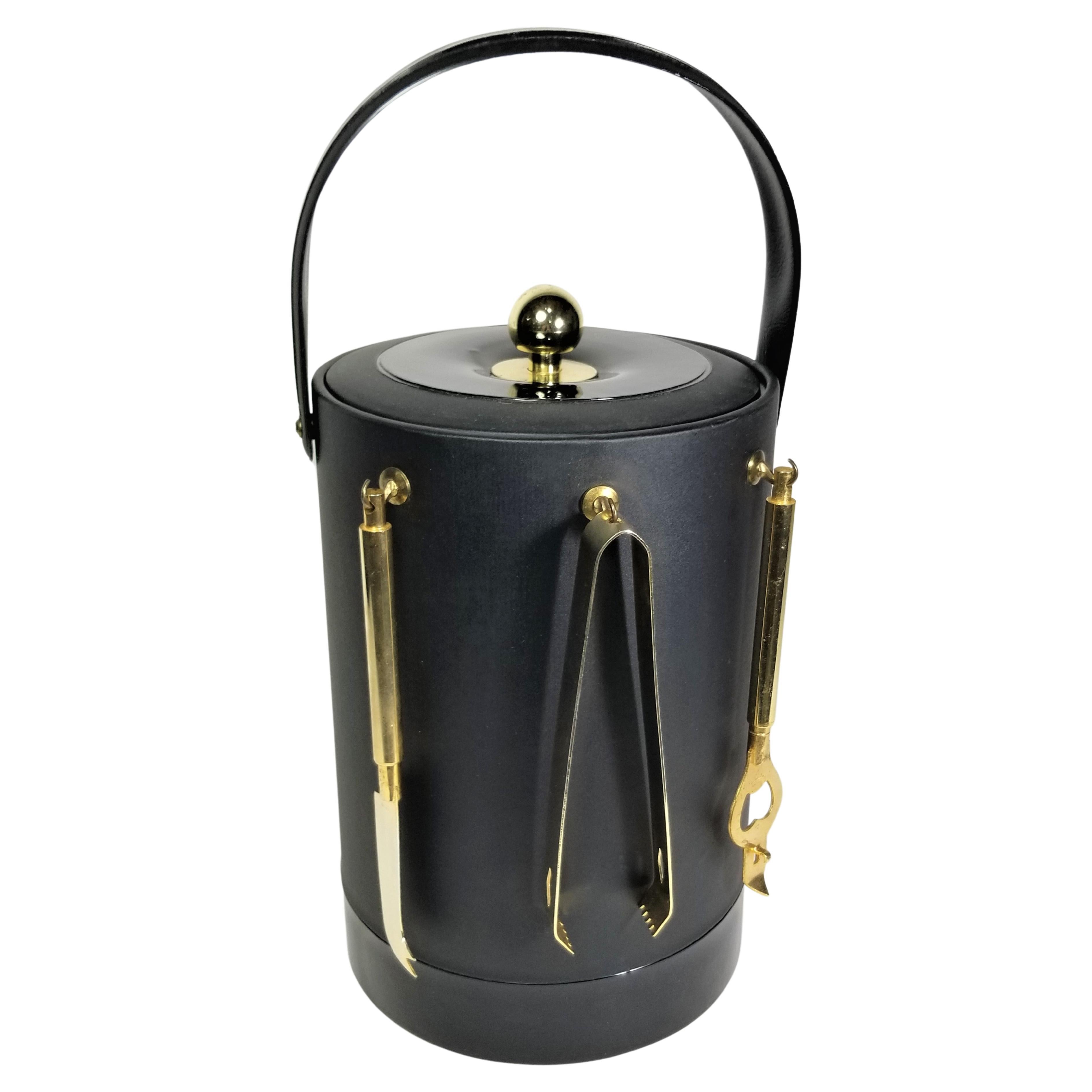 Georges Briard Ice Bucket Black and Gold with Bar Utensils Mid Century