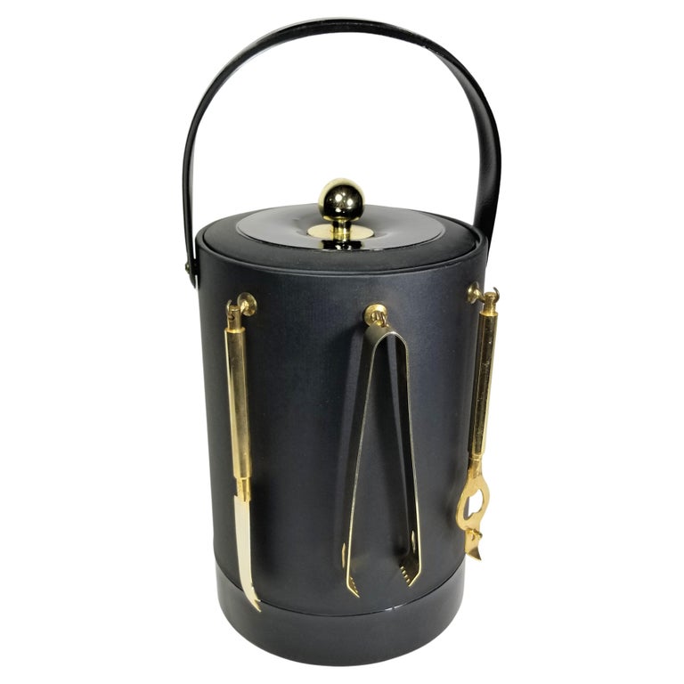 Briard Ice Bucket Black and Gold with Bar Utensils Mid Century For Sale at 1stDibs