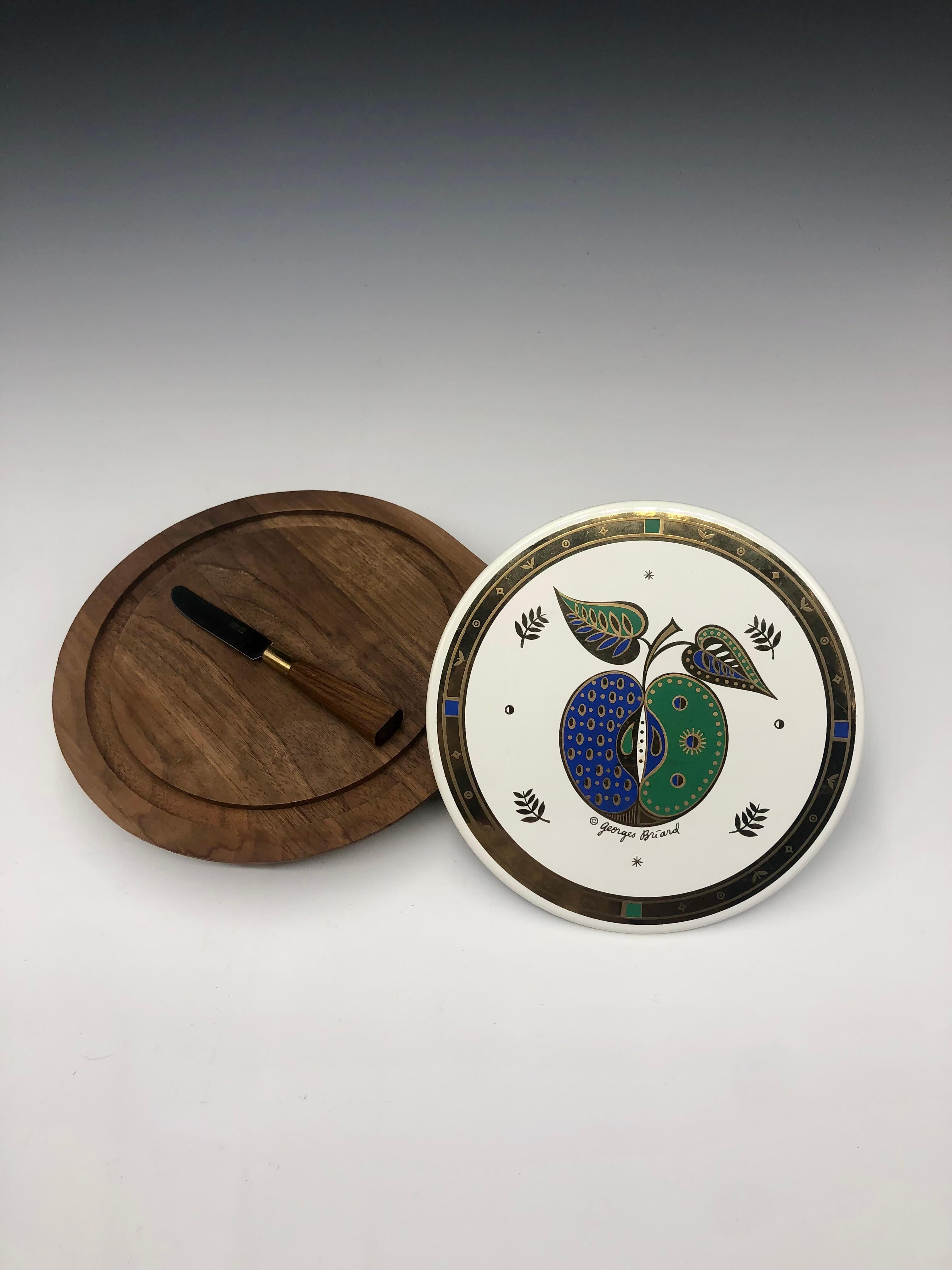 Mid-20th Century Georges Briard Mid-Century Modern Walnut & Enamel Cheese Board with Knife For Sale